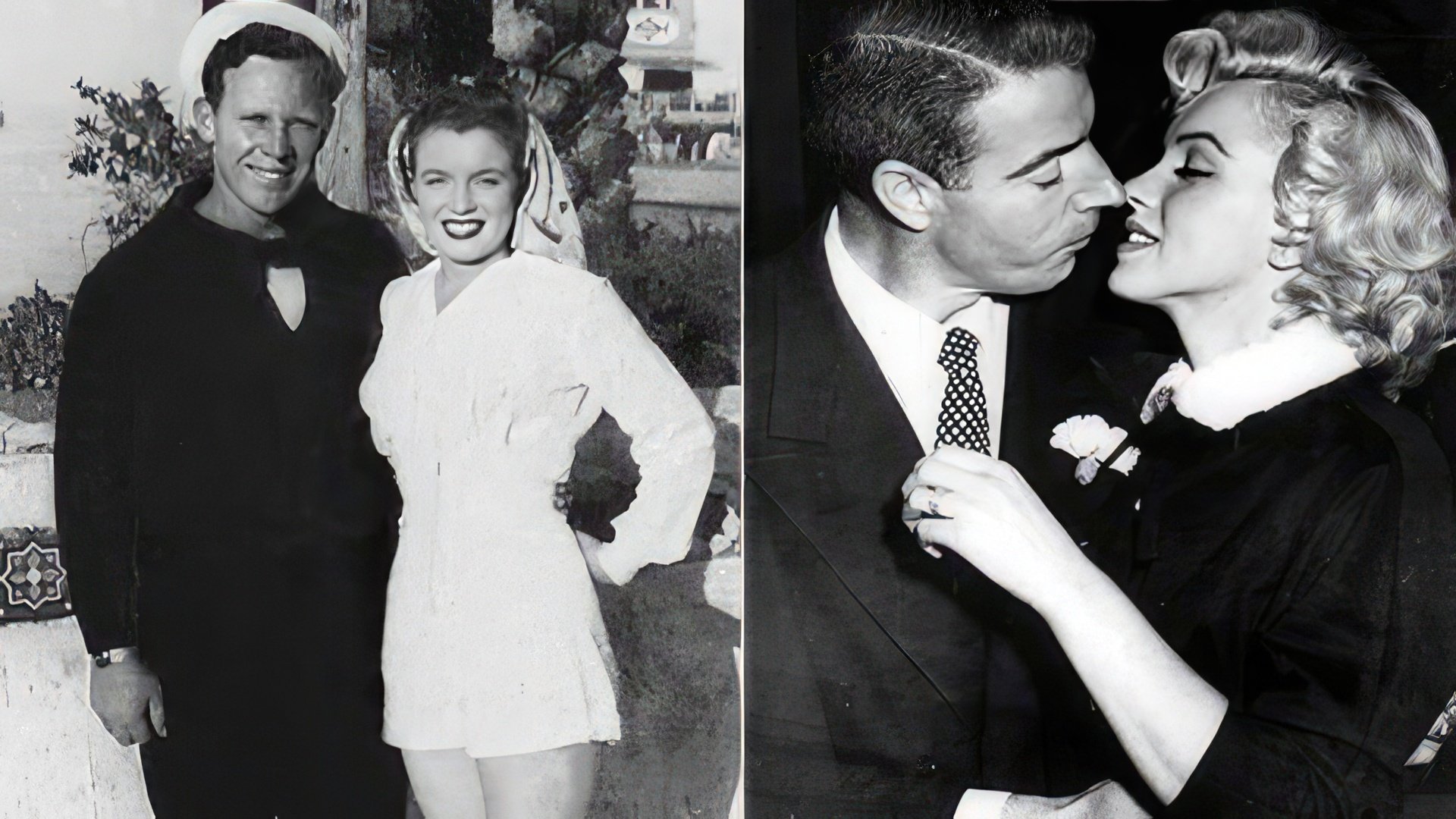 Marilyn Monroe e i suoi ex mariti: James Dougherty (sinistra) e Joe DiMaggio (destra)