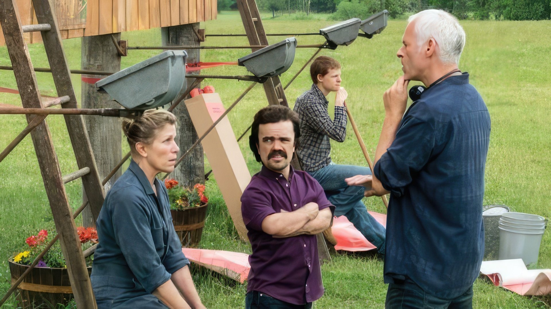Frances McDormand e Peter Dinklage sul set di "Three Billboards"