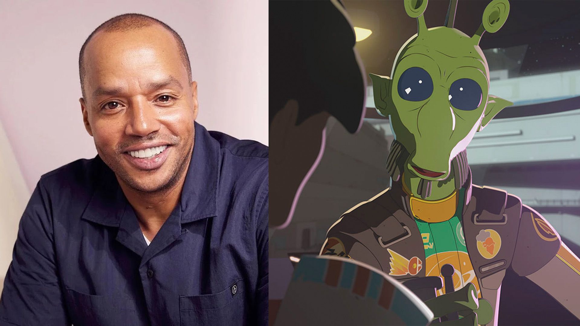 Collage: Donald Faison e un alieno verde disegnato con grandi occhi neri Hype Fazon