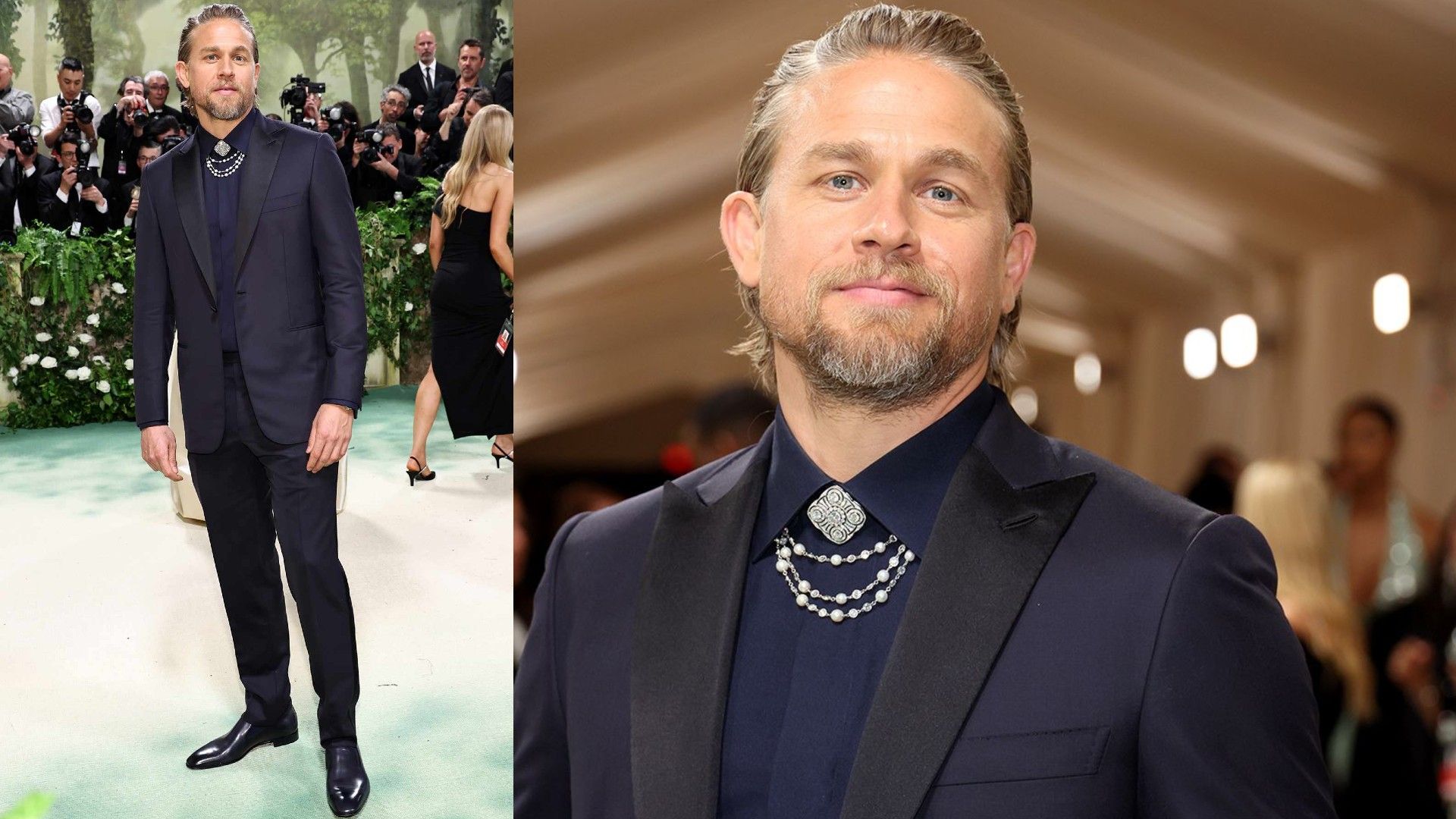 Charlie Hunnam in completo blu navy, foto dal Met Gala 2024, collage di 2 foto