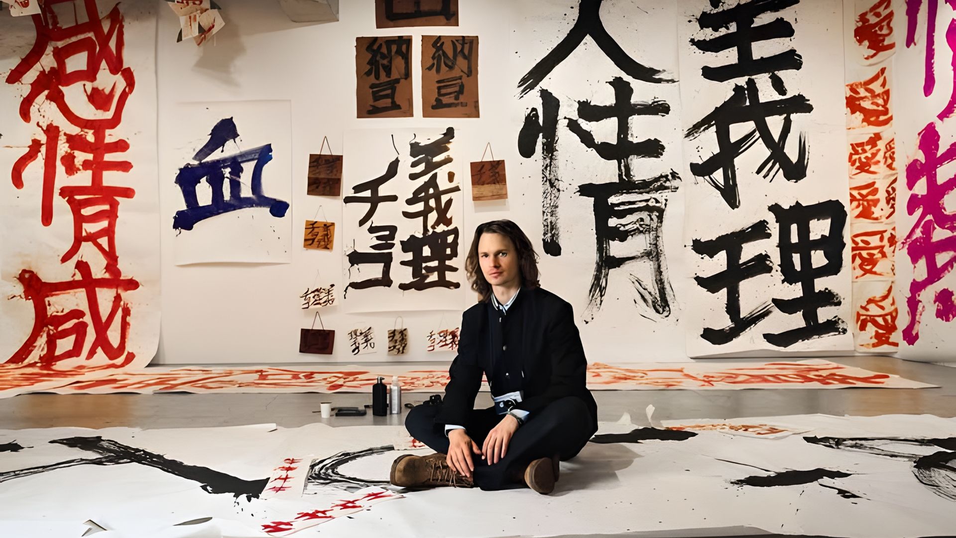 Ansel Elgort in completo nero seduto sul pavimento circondato da grandi tele con vivaci geroglifici