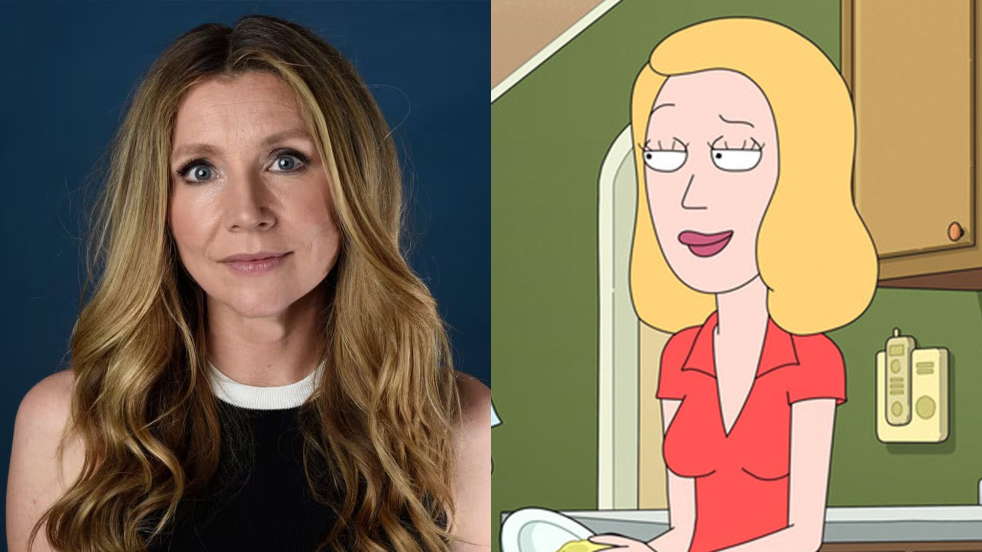 Collage: Sarah Chalke in primo piano; bionda animata con maglietta rossa