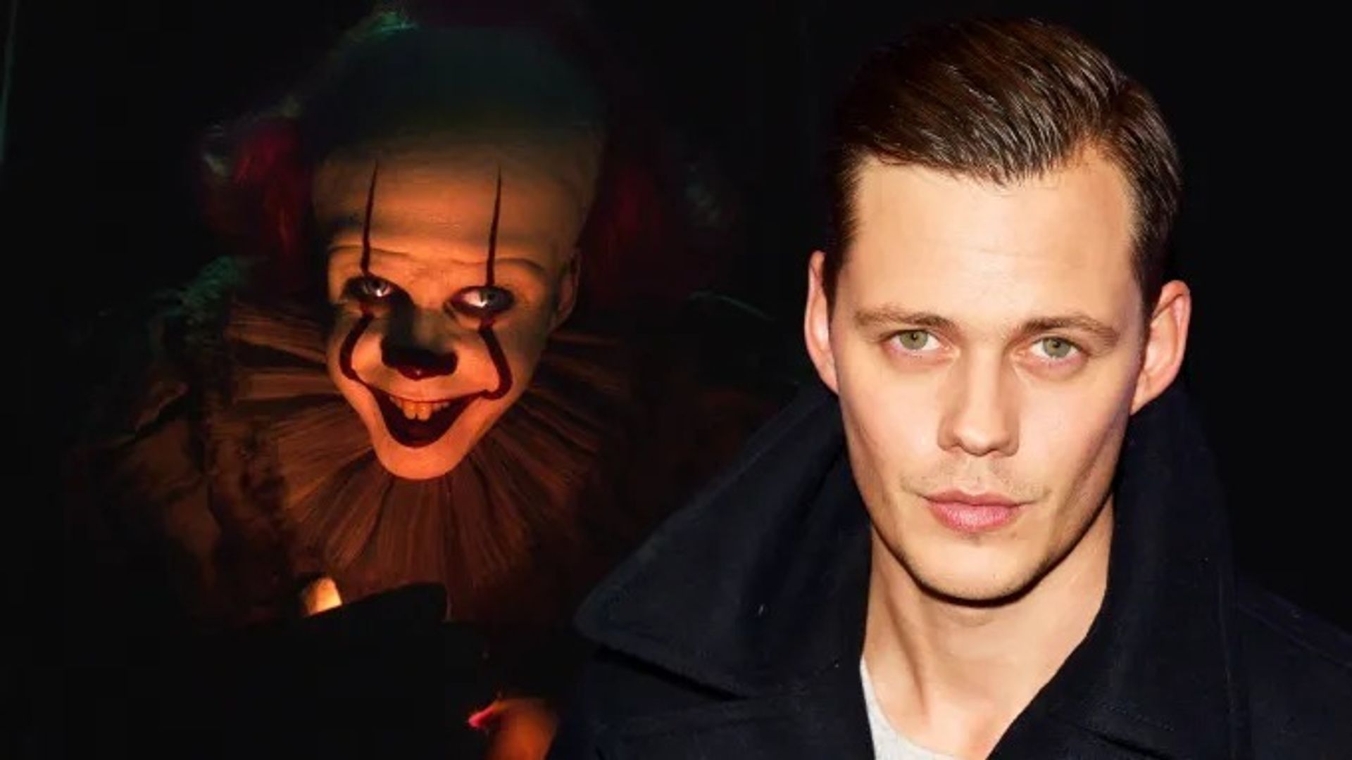 Ritratto di Bill Skarsgård e lui nel trucco di Pennywise da "It"