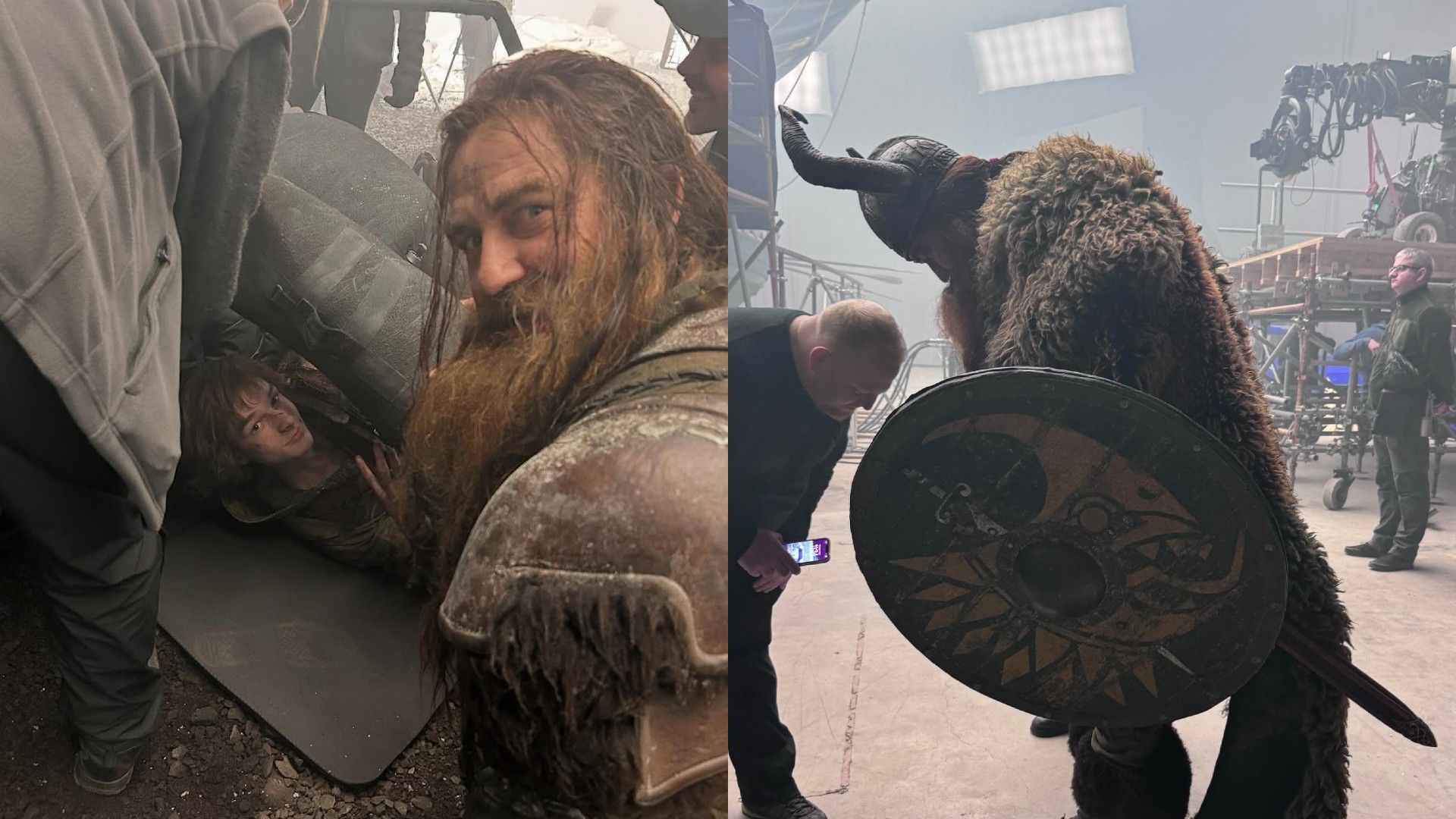 Gerard Butler in costume vichingo sul set, collage di due foto