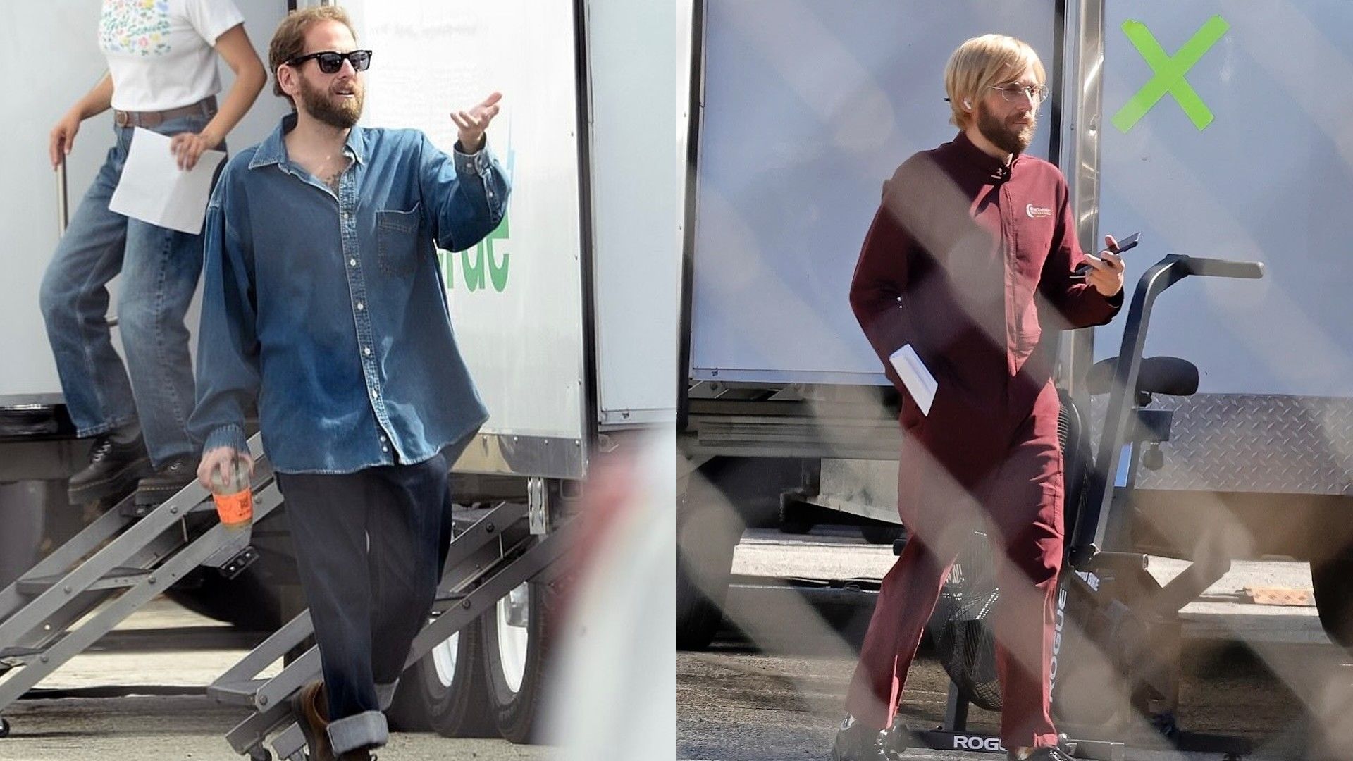 Jonah Hill sul set, collage di due foto