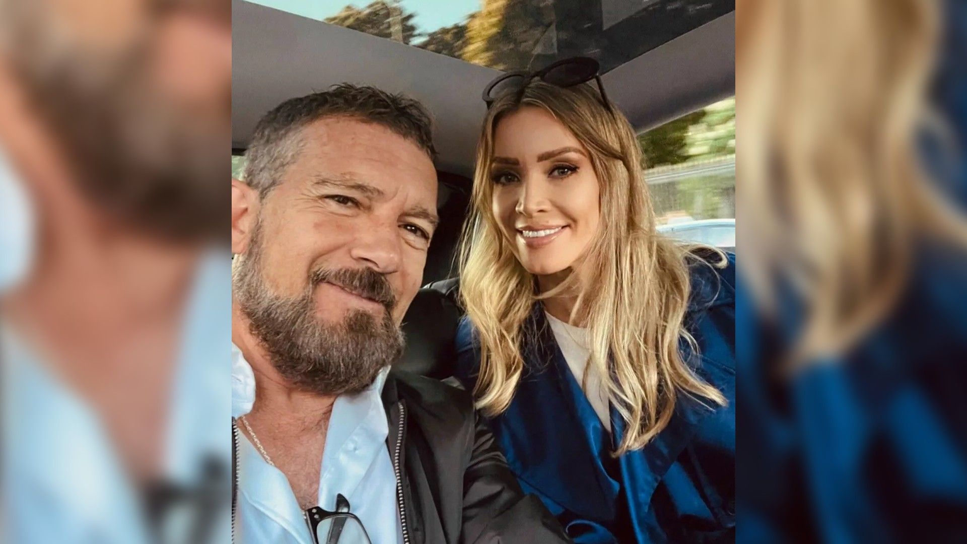 Antonio Banderas e Nicole Kempel che si fanno un selfie insieme in macchina