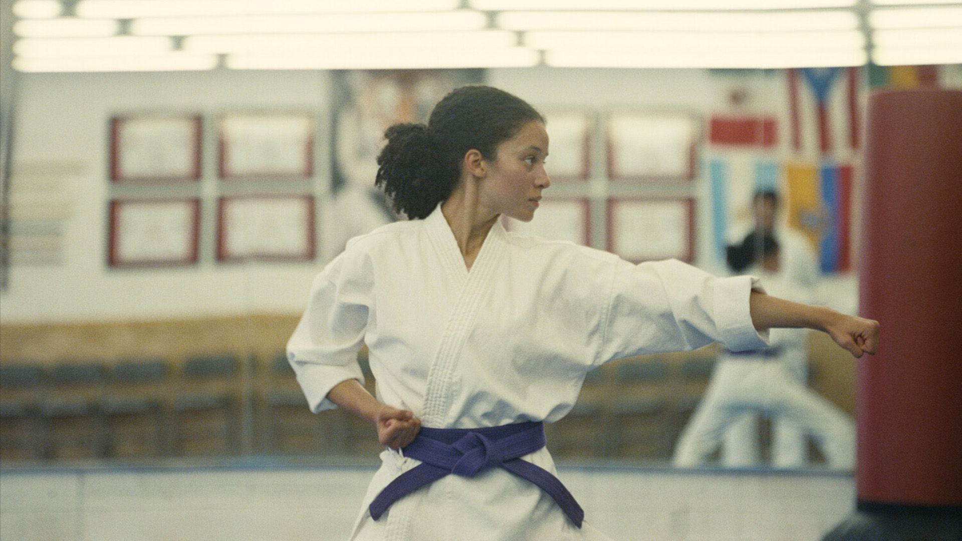 Chase Infinity in un kimono bianco con cintura viola in posizione di combattimento