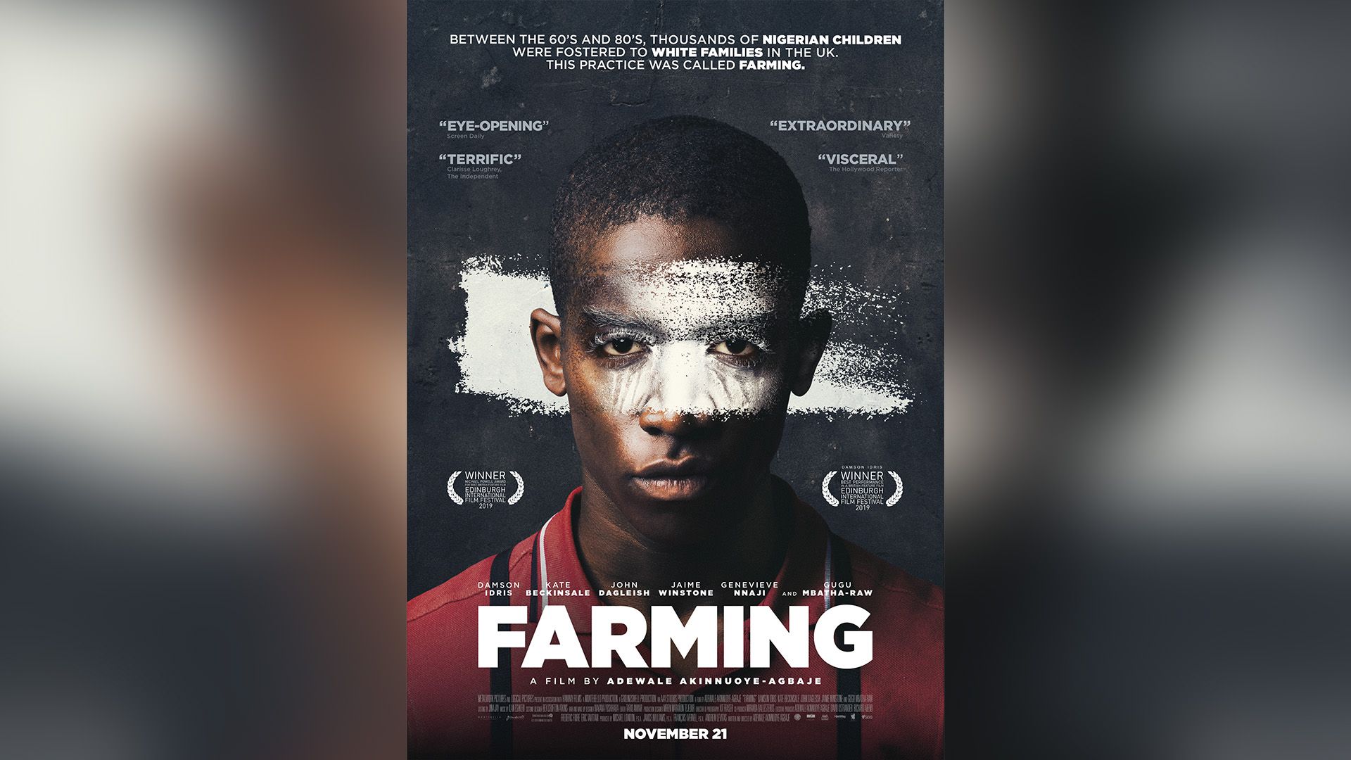 Poster di Farming con Damson Idris, il cui volto è dipinto con vernice bianca