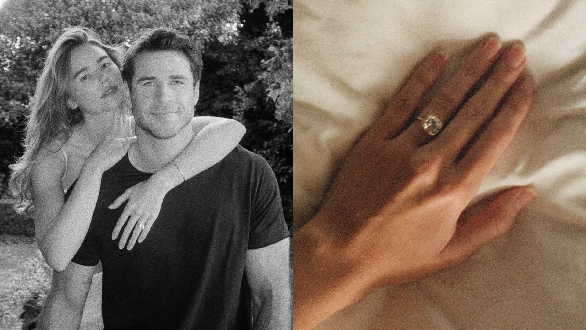 Liam Hemsworth e Gabriella Brooks abbracciati, con foto dell'anello di fidanzamento a destra