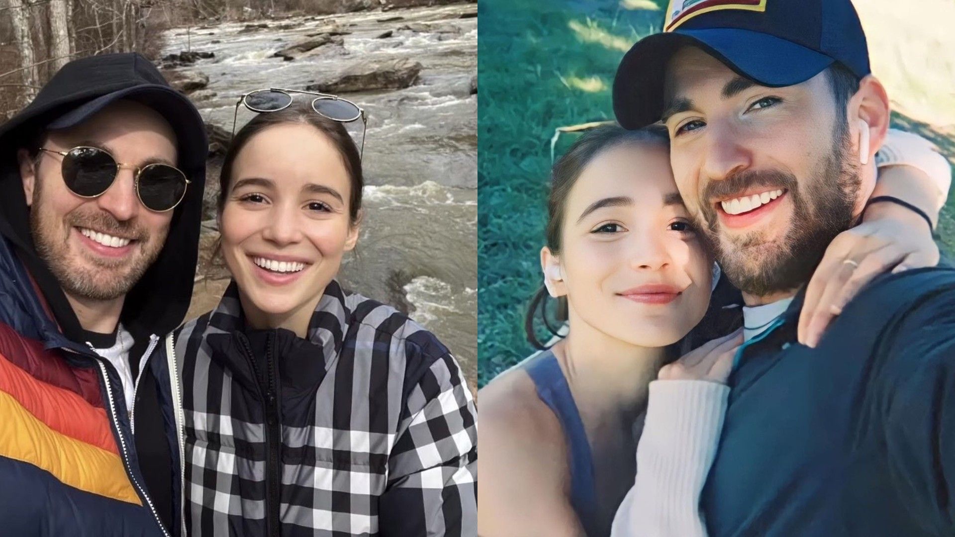 Chris Evans e Alba Baptista sorridenti insieme all'aperto, abbracciati e visibilmente felici