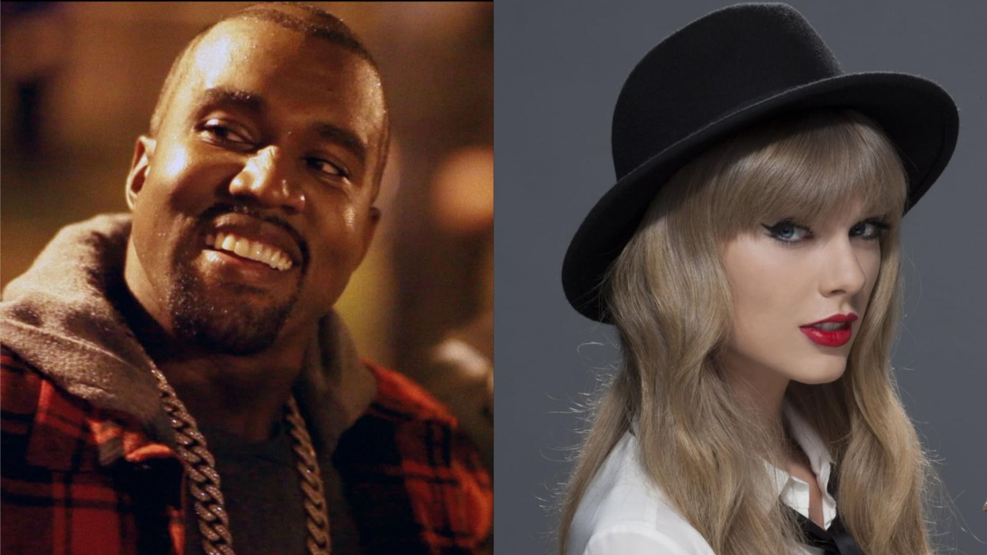 Il rapper Kanye West guarda di lato e sorride nella luce arancione, mentre la cantante Taylor Swift posa con un cappello su sfondo grigio