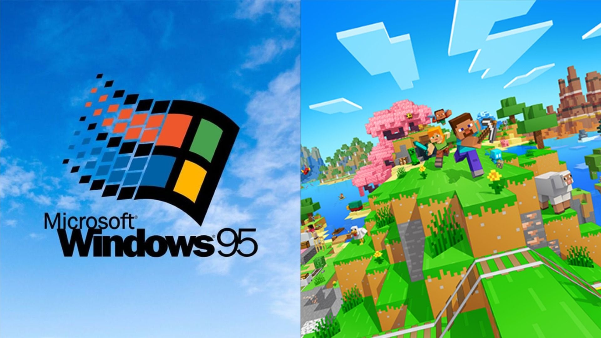 Il logo del sistema operativo Windows 95 contro uno sfondo di cielo e nuvole e personaggi pixelati del gioco Minecraft che corrono su una collina