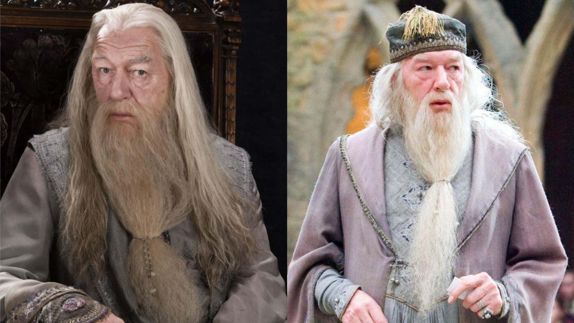 L'attore Michael Gambon con barba e capelli lunghi siede su una sedia e guarda la telecamera su uno sfondo nero