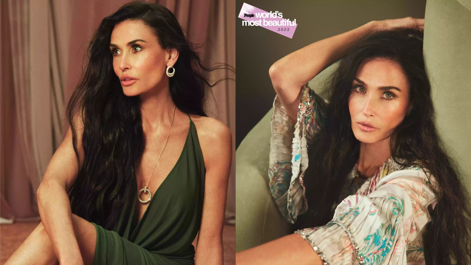 L'attrice Demi Moore in un abito verde è seduta sul pavimento e guarda di lato