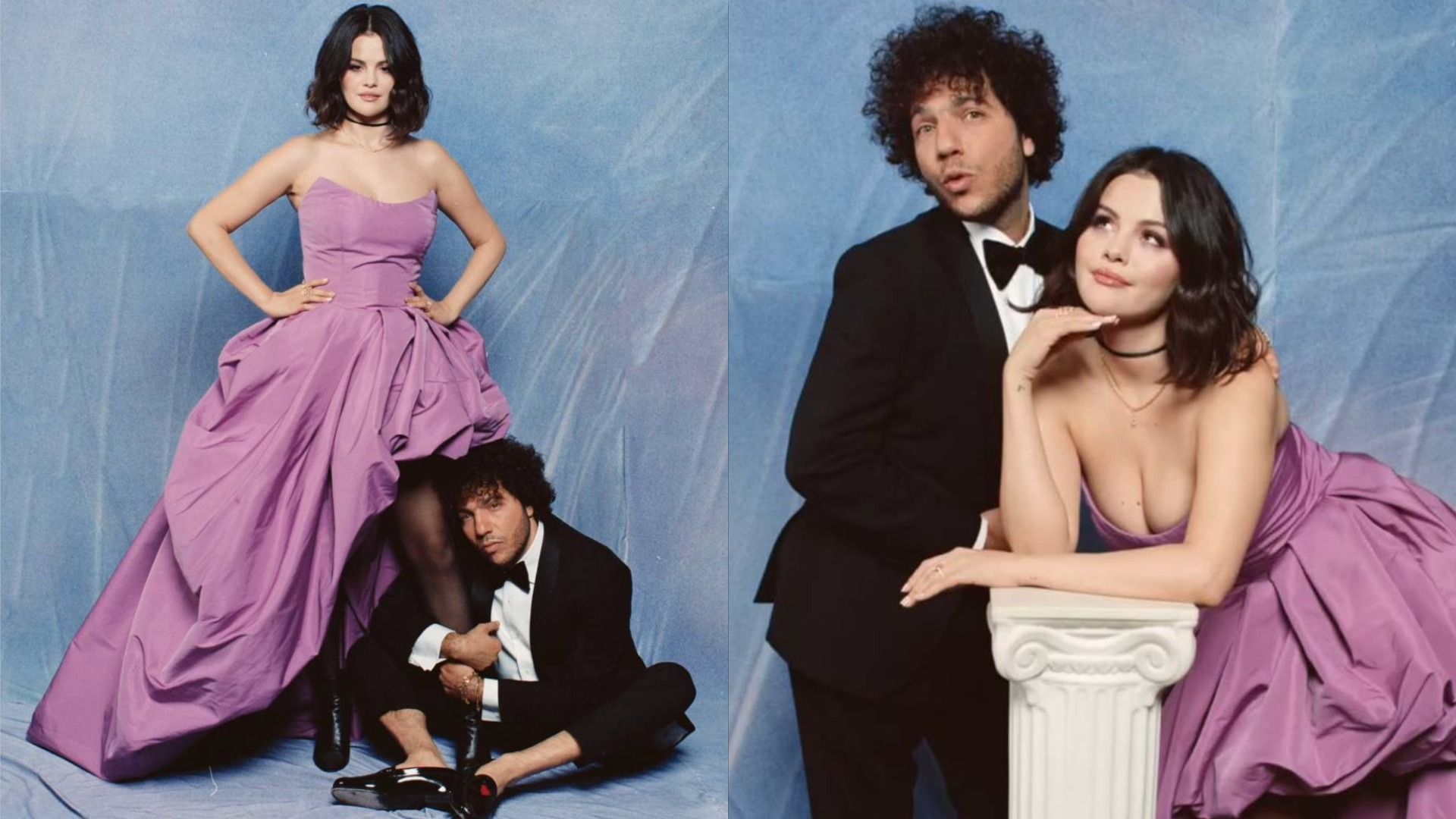 La cantante Selena Gomez posa in un abito viola contro uno sfondo blu, mentre il suo fidanzato Benny Blanco la abbraccia le gambe in un abito classico