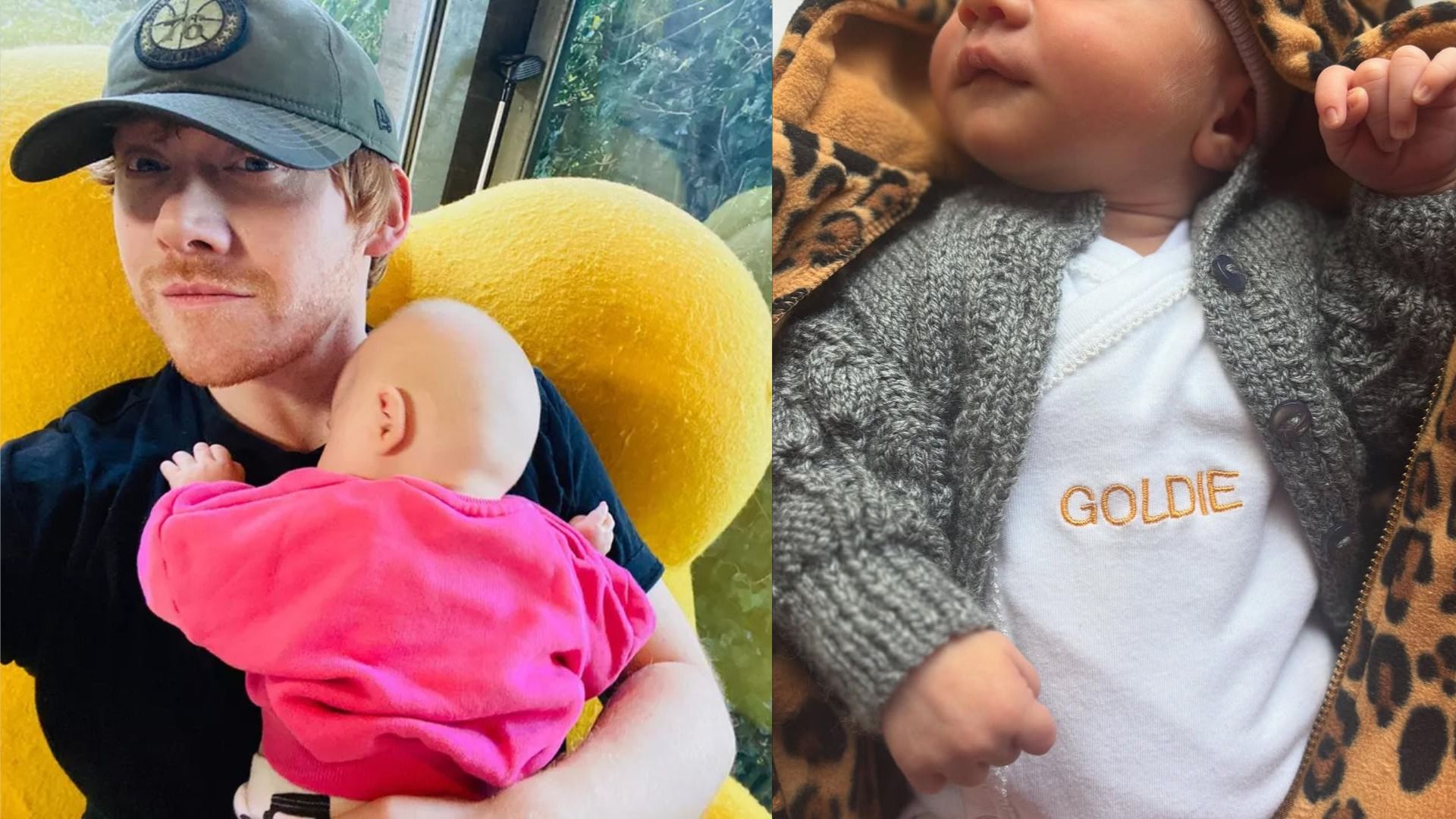 A sinistra, l'attore Rupert Grint con un cappello tiene in braccio sua figlia Wednesday seduto su una poltrona gialla, a destra - figlia Goldie in un cardigan e body