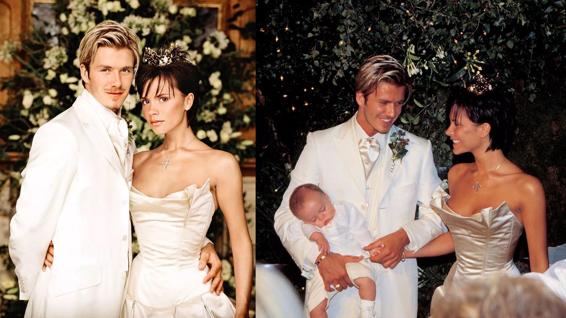 Collage: a sinistra, David Beckham e Victoria Adams posano in abiti da cerimonia; a destra, tengono in braccio il piccolo Brooklyn