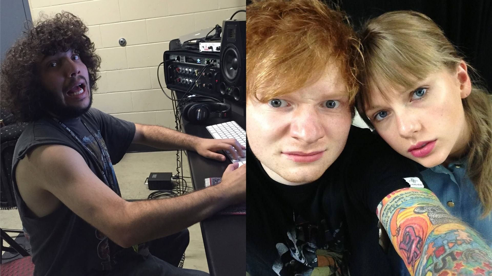 Il produttore Benny Blanco seduto al tavolo con la bocca aperta guarda la macchina fotografica, i cantanti Ed Sheeran e Taylor Swift si fanno un selfie guardando la macchina fotografica