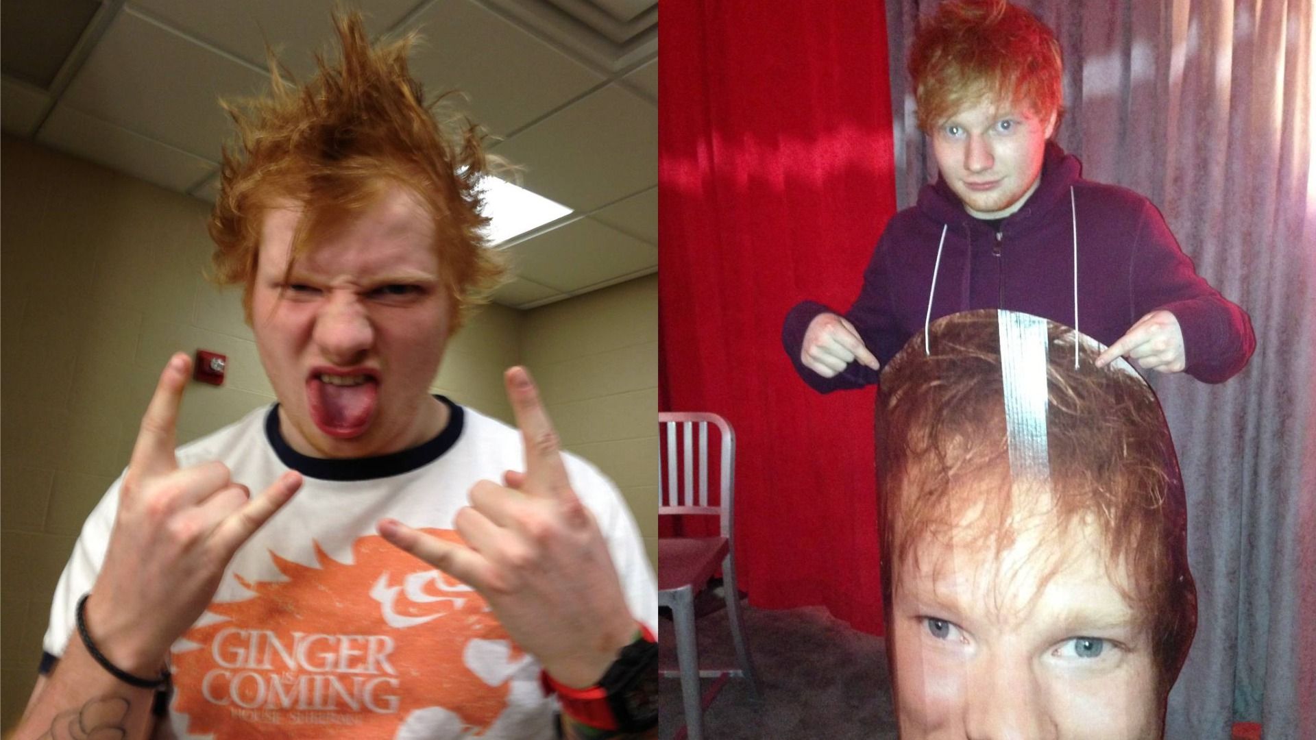 Il cantante Ed Sheeran con cresta fa un gesto con il dito indice e il mignolo