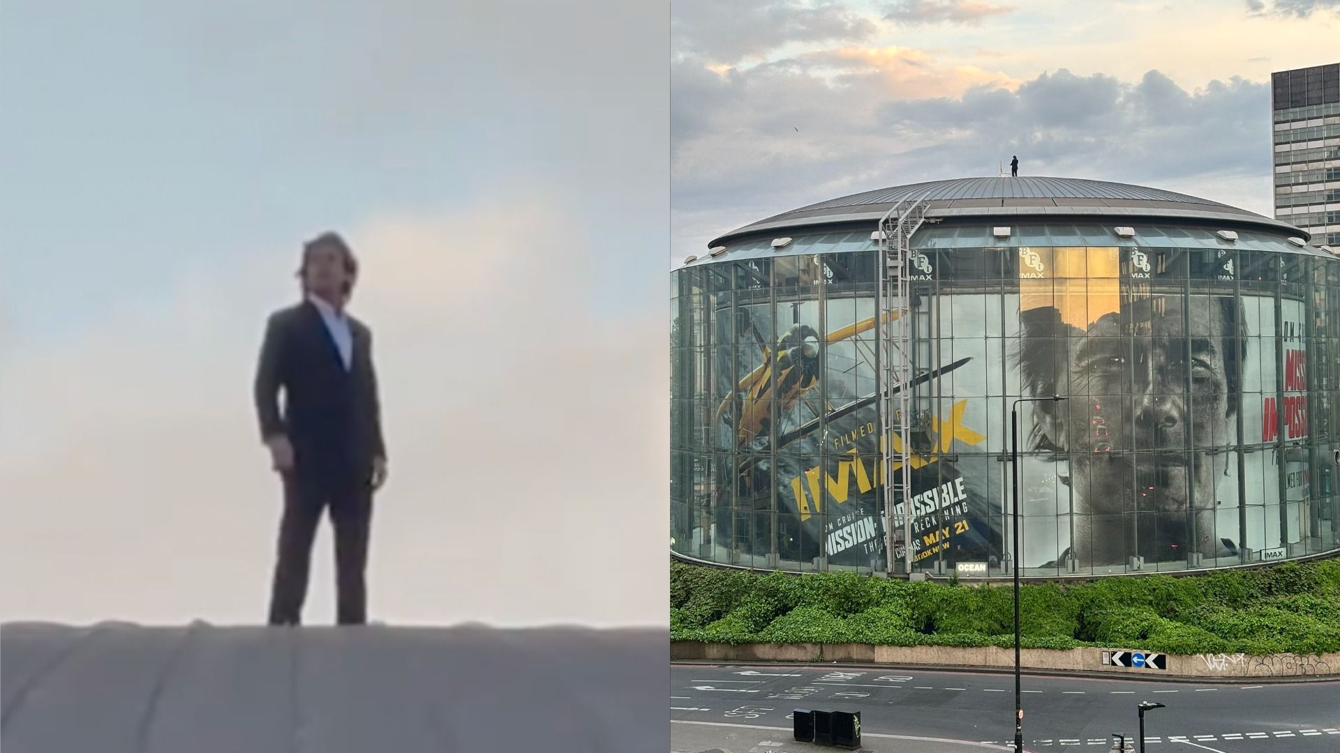 L'attore Tom Cruise in abito si trova sul tetto di un edificio alto con manifesti del film 'Mission: Impossible – Dead Reckoning'