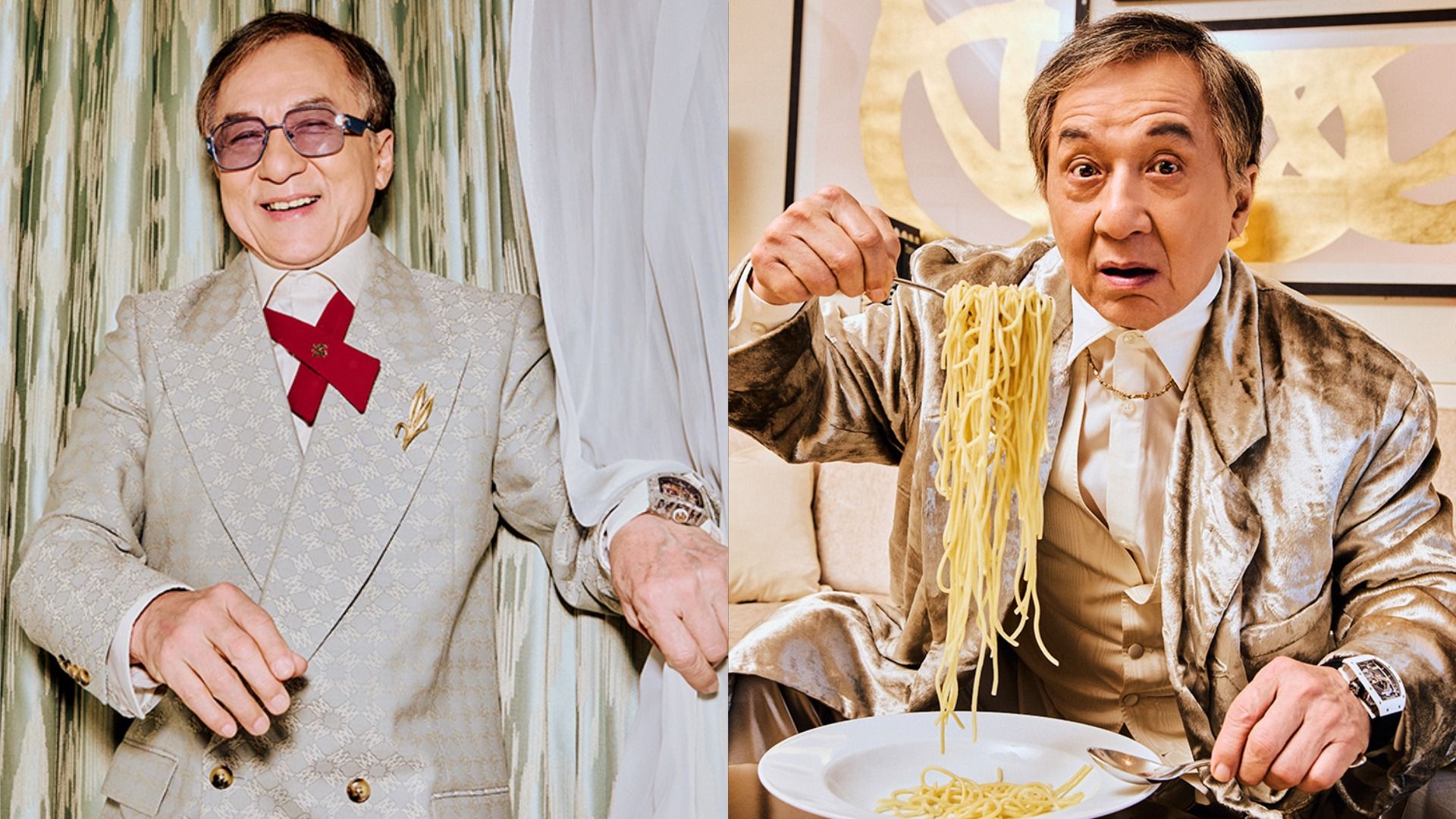 L'attore Jackie Chan in una giacca di velluto guarda sorpreso la fotocamera, portando una forchetta con spaghetti alla bocca