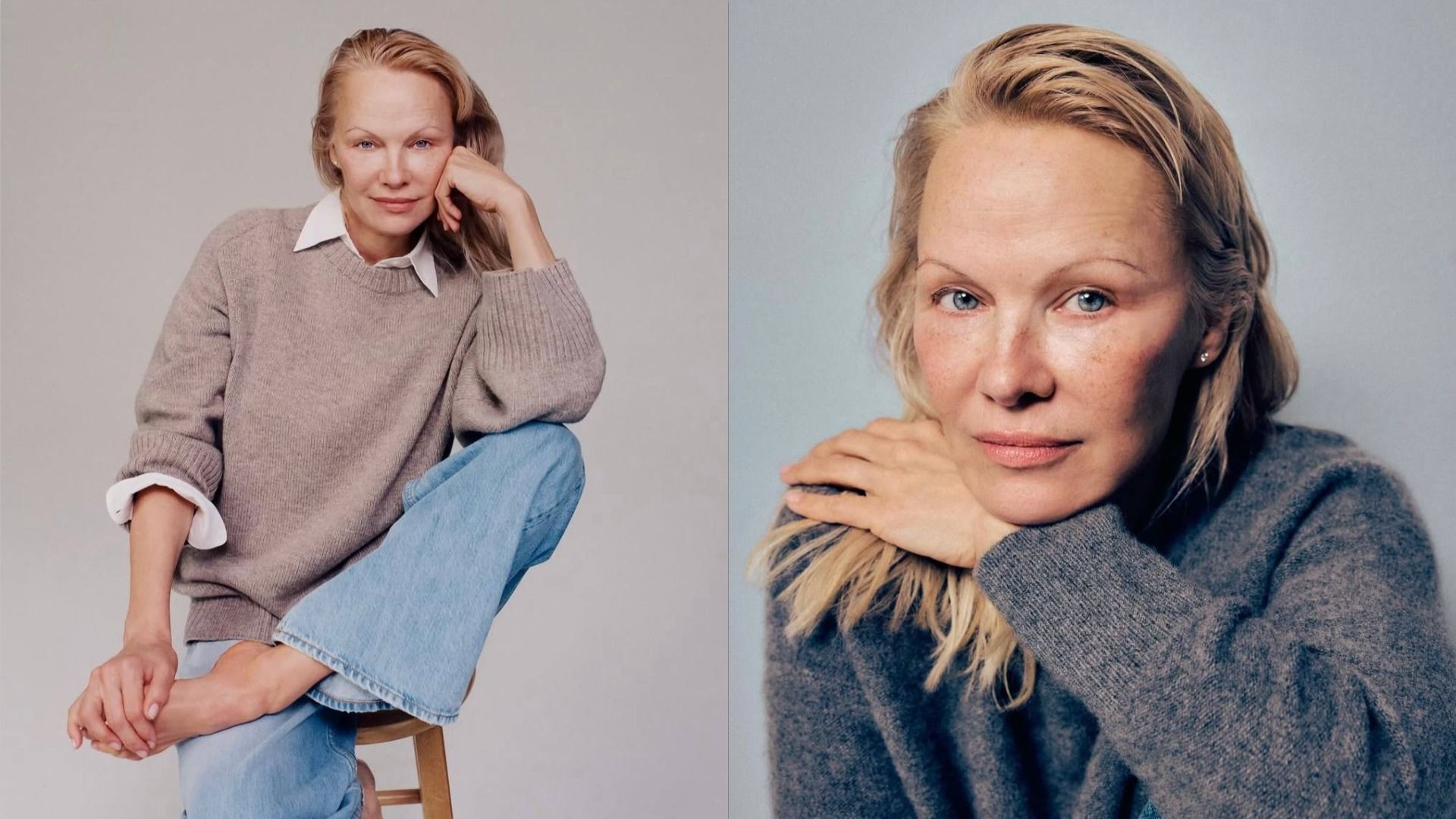 L'attrice Pamela Anderson in un maglione beige e camicia bianca seduta su una sedia, tiene la gamba con la mano e guarda la fotocamera