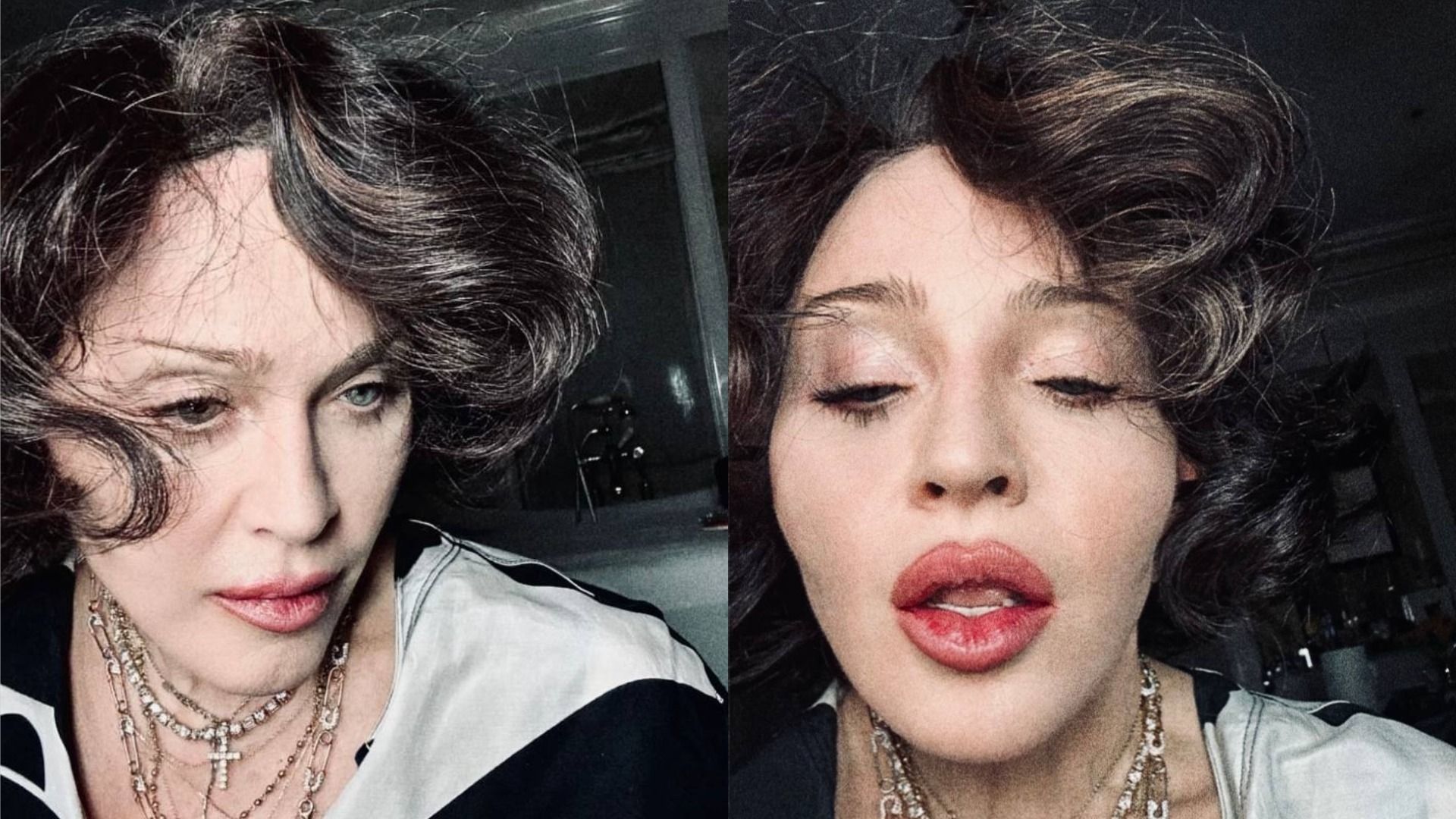 La cantante Madonna con i capelli neri e catene intorno al collo guarda di lato sullo sfondo di una finestra