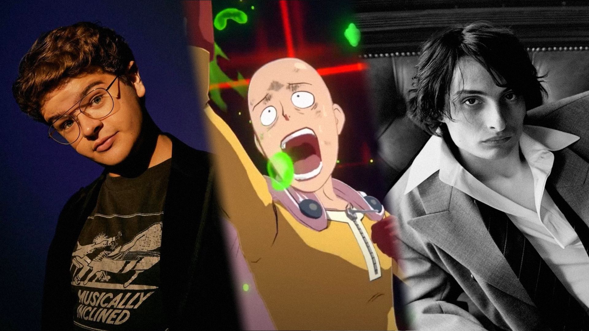 Sinistra: attore Gaten Matarazzo in una giacca nera. Centro: personaggio anime Saitama che urla. Destra: attore Finn Wolfhard in una camicia bianca che guarda la fotocamera