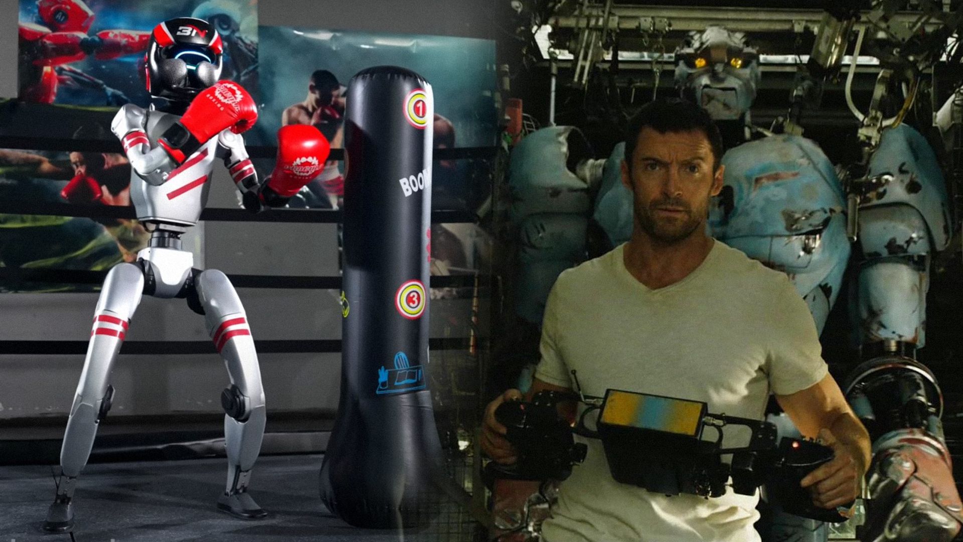 A sinistra: un robot combattente con guanti rossi si trova al centro del ring, alzando i pugni. A destra: l'attore Hugh Jackman con un telecomando e un robot dietro di lui