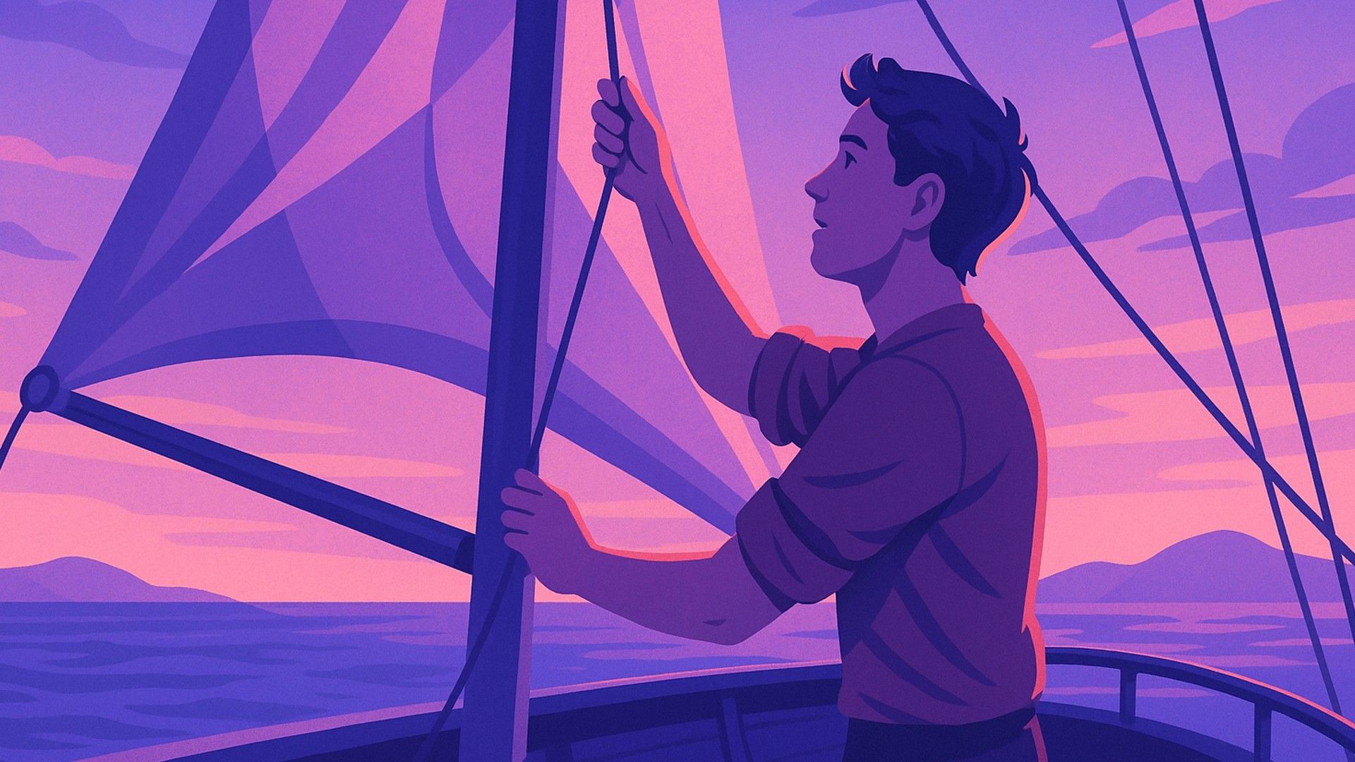 Una persona che fissa una vela su una nave, schema di colori rosa-viola, stile cartone animato