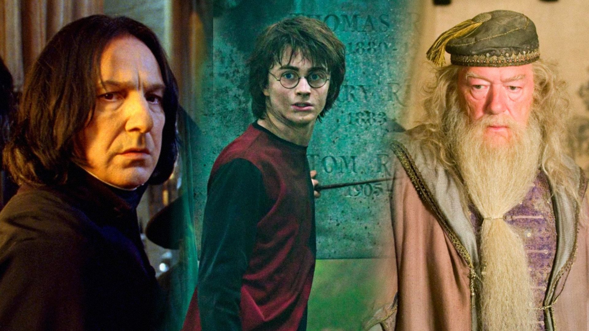 Attori Alan Rickman in una veste nera, Daniel Radcliffe con una bacchetta in mano, Michael Gambon in una veste grigia