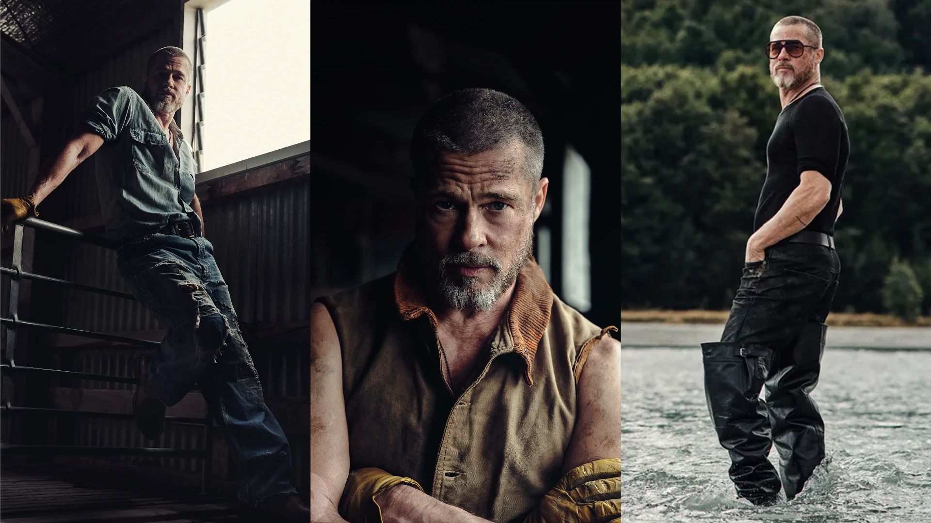 L'attore Brad Pitt con stivali lunghi, jeans strappati e vestiti sporchi posa sullo sfondo di acqua e una finestra