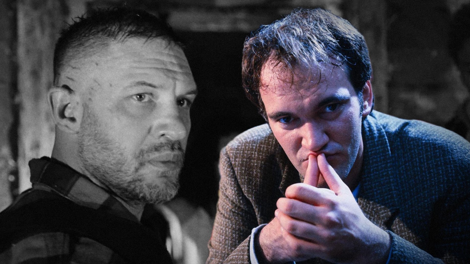 L'attore Tom Hardy guarda di lato contro il muro, il regista Quentin Tarantino si tiene la testa con le mani