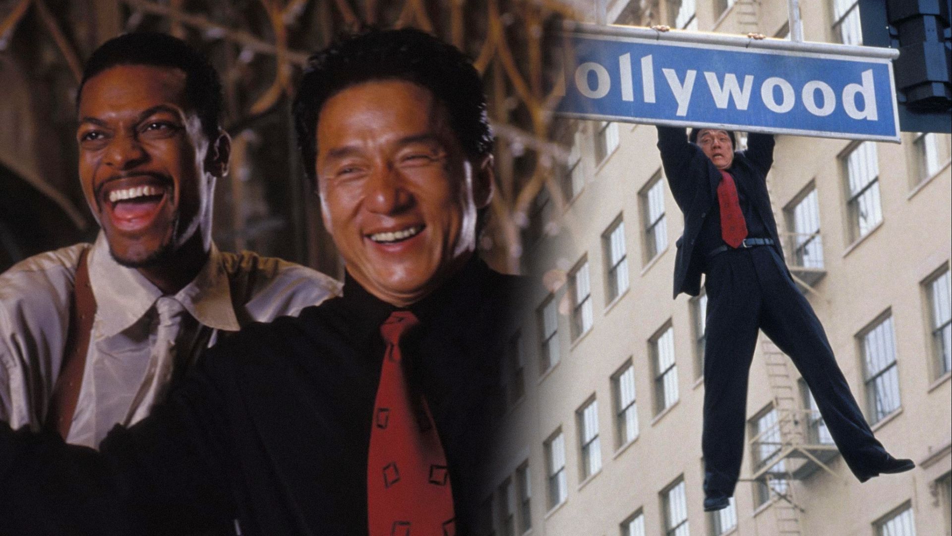 Gli attori Jackie Chan e Chris Tucker sorridono contro uno sfondo marrone