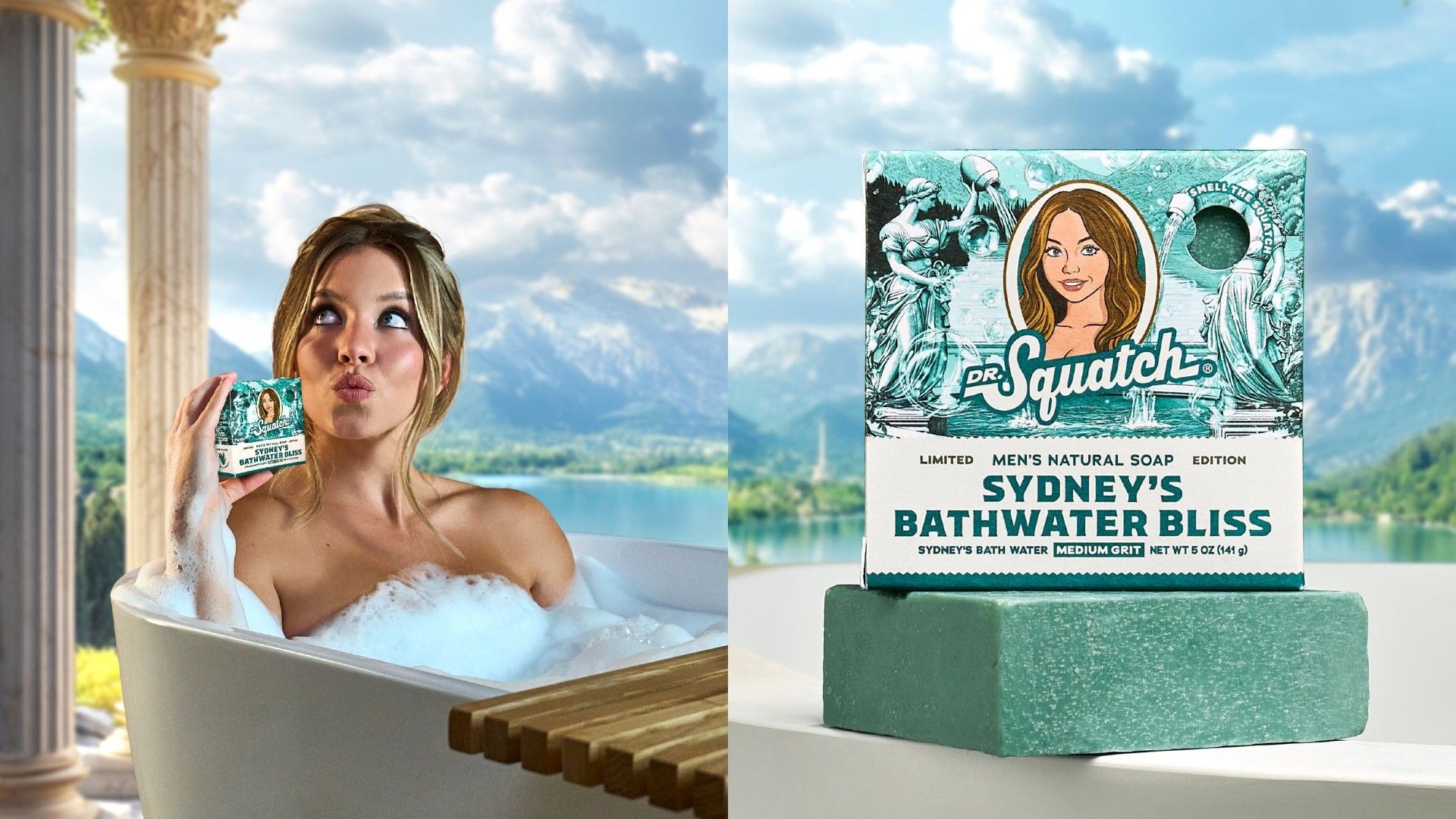 Sydney Sweeney sdraiata nella vasca da bagno con in mano una saponetta nel suo imballaggio, con l'imballaggio mostrato in primo piano a destra