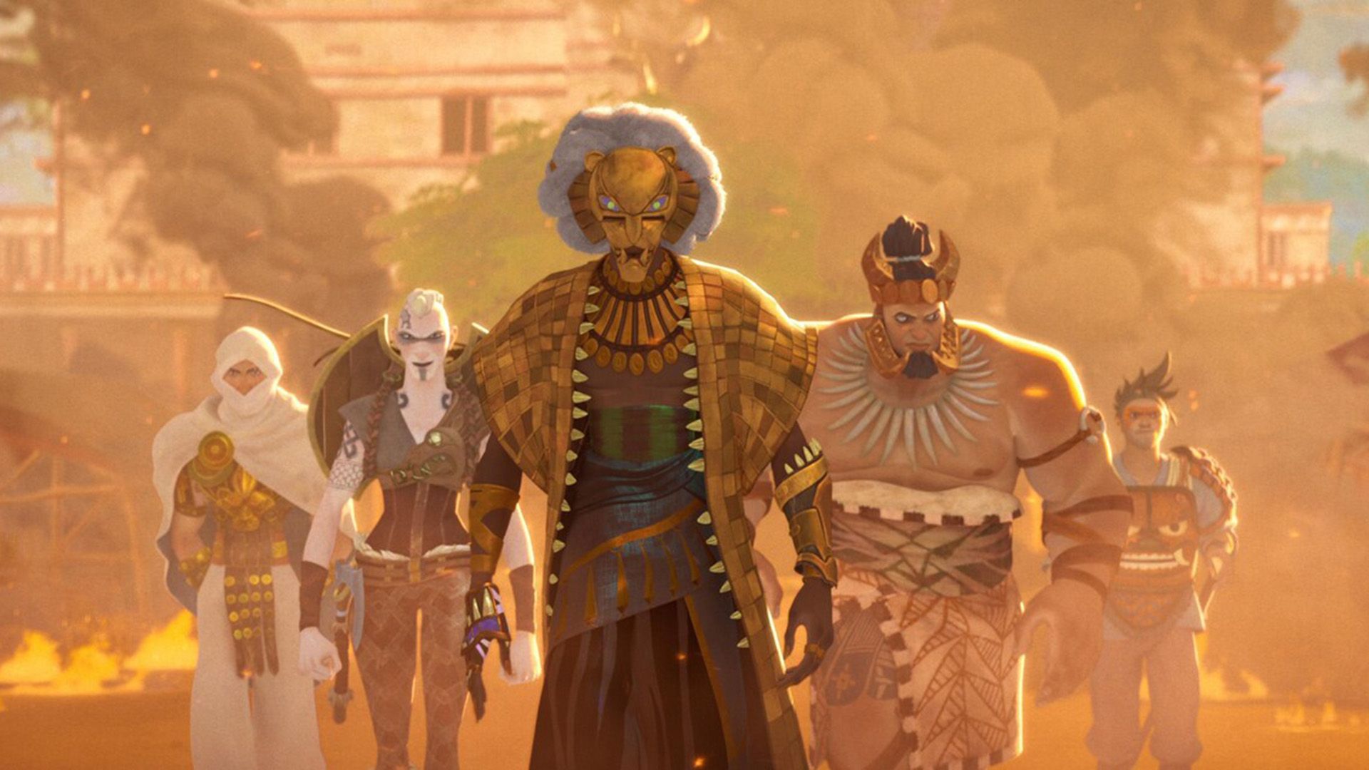 Una scena dal film d'animazione "Eyes of Wakanda": cinque personaggi in costumi colorati camminano avanti in una foschia arancione