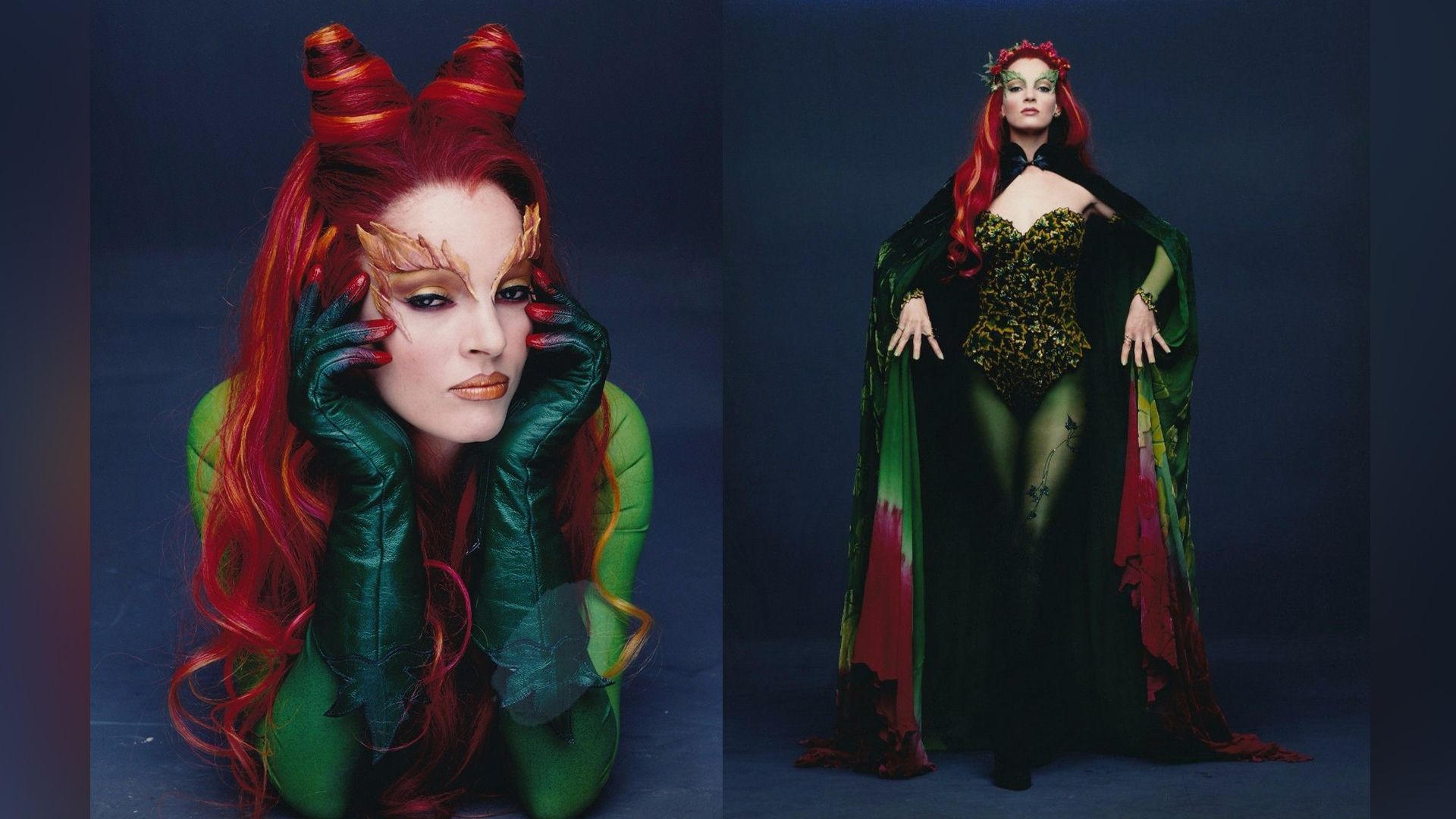 Collage: Uma Thurman come Poison Ivy dal film 'Batman & Robin' a figura intera e in primo piano
