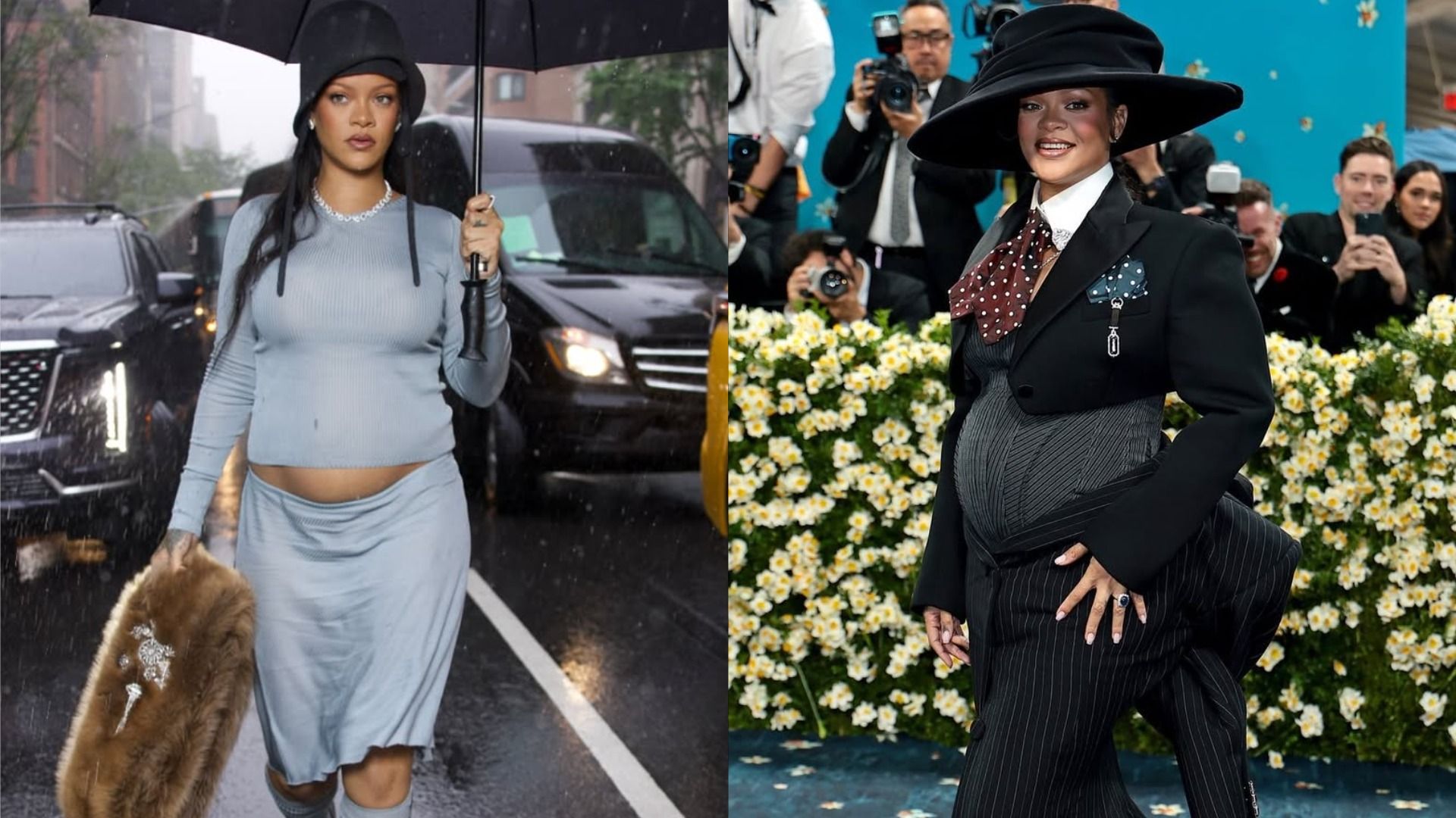 La cantante Rihanna con una pancia rotonda cammina con un ombrello per strada sotto la pioggia in una gonna grigia