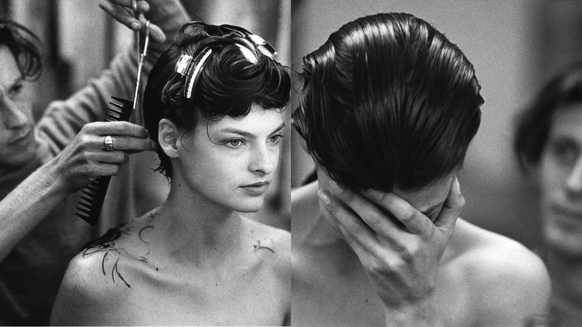Collage: Julien d'Ys che taglia i capelli di Linda Evangelista; Linda Evangelista ha inclinato la testa e si è coperta il viso con la mano