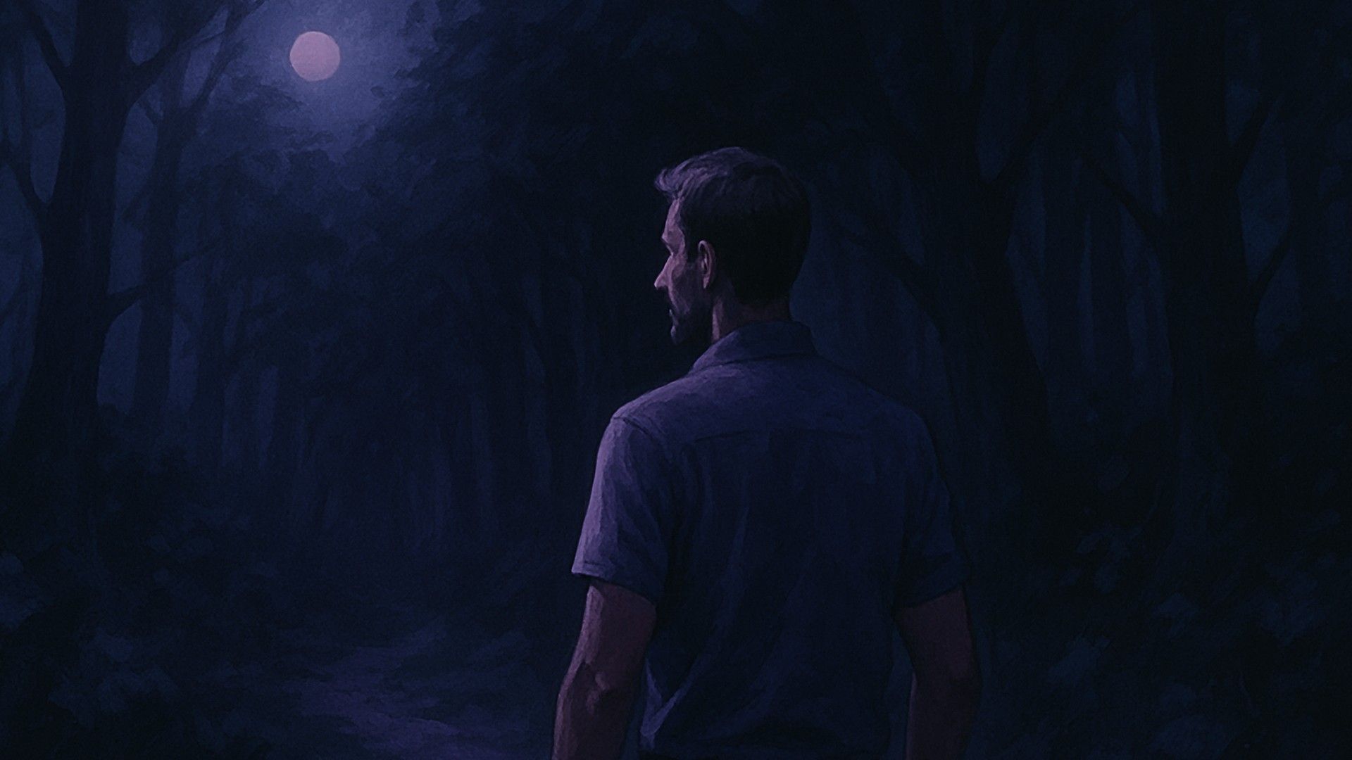 Un passo nella foresta oscura — un uomo si trova all'ingresso della foresta, pronto a entrare