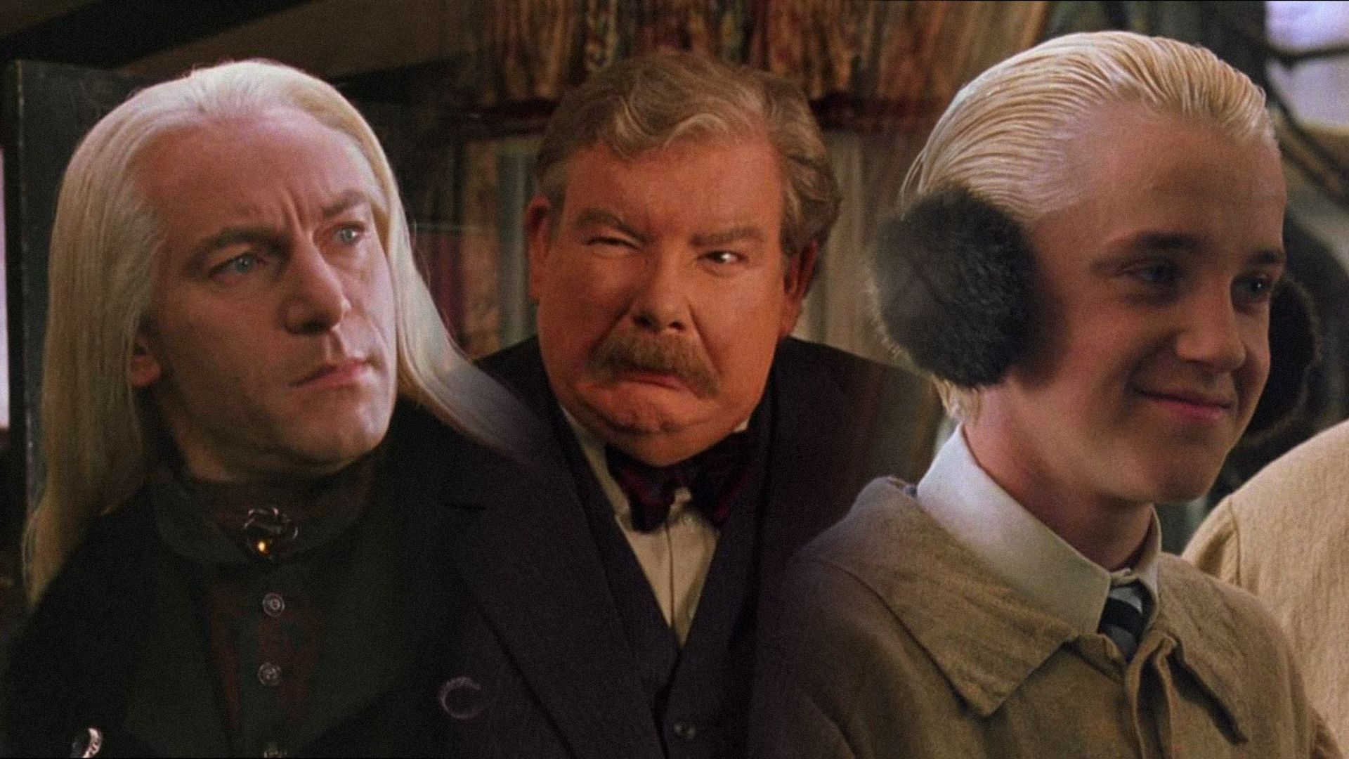 Gli attori Jason Isaacs, Richard Griffiths e Tom Felton in completi neri e marroni