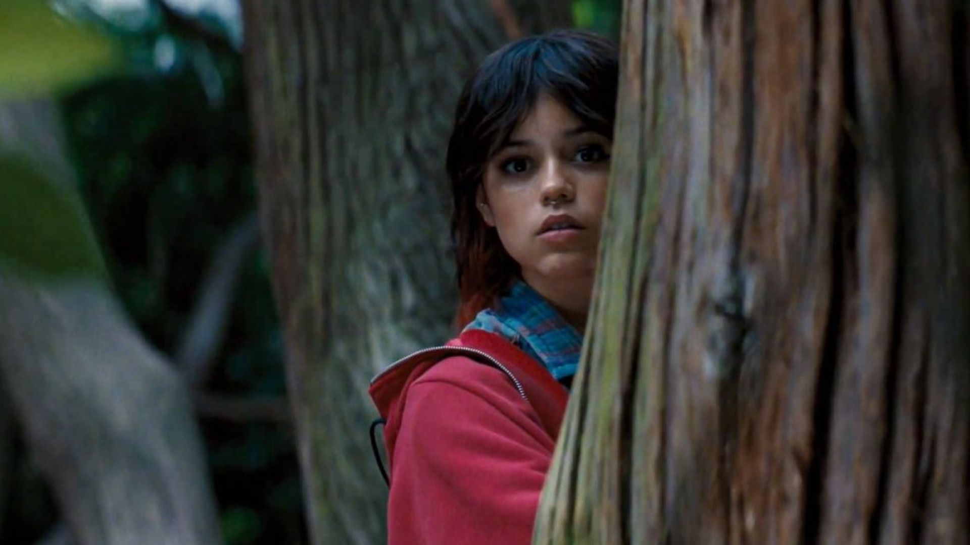 L'attrice Jenna Ortega fa capolino da dietro un albero, indossando un maglione rosa