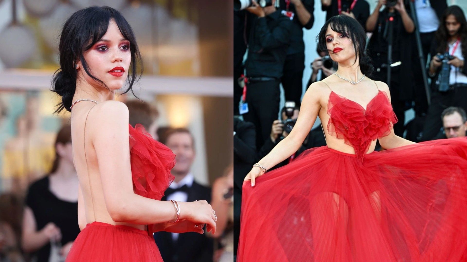 Jenna Ortega in un abito rosso con schiena scoperta e dettaglio a cuore sul petto, collage di due foto