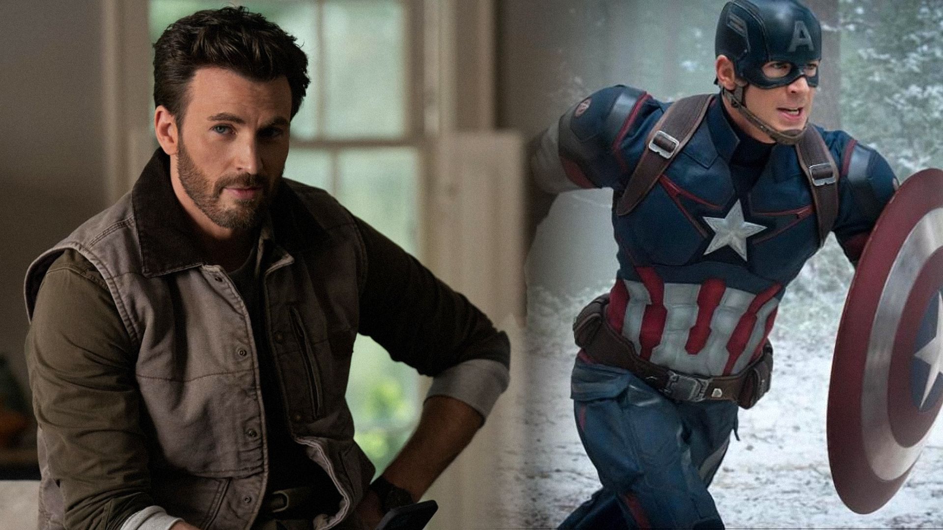 Actor Chris Evans in a gray vest and superhero costume running through the forest with a shield