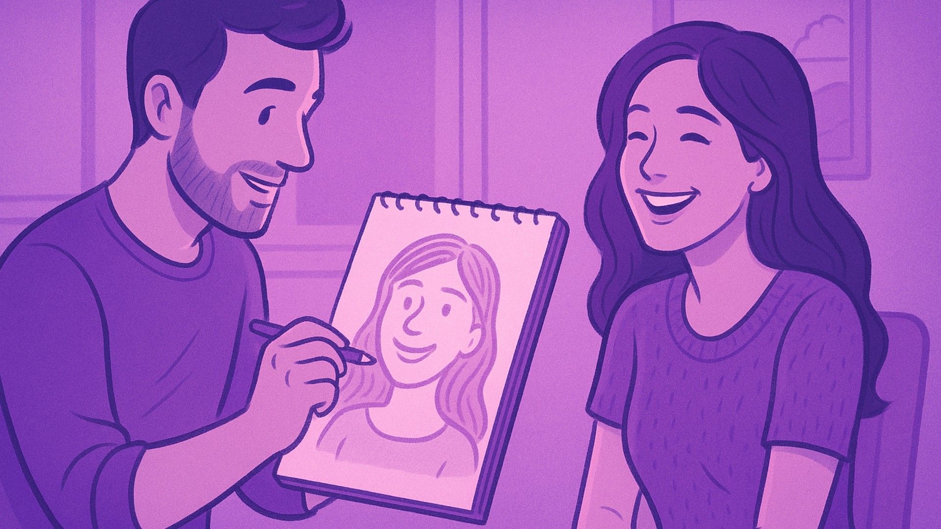 Un uomo sta disegnando il ritratto di una donna, non le assomiglia molto, ma lei è contenta