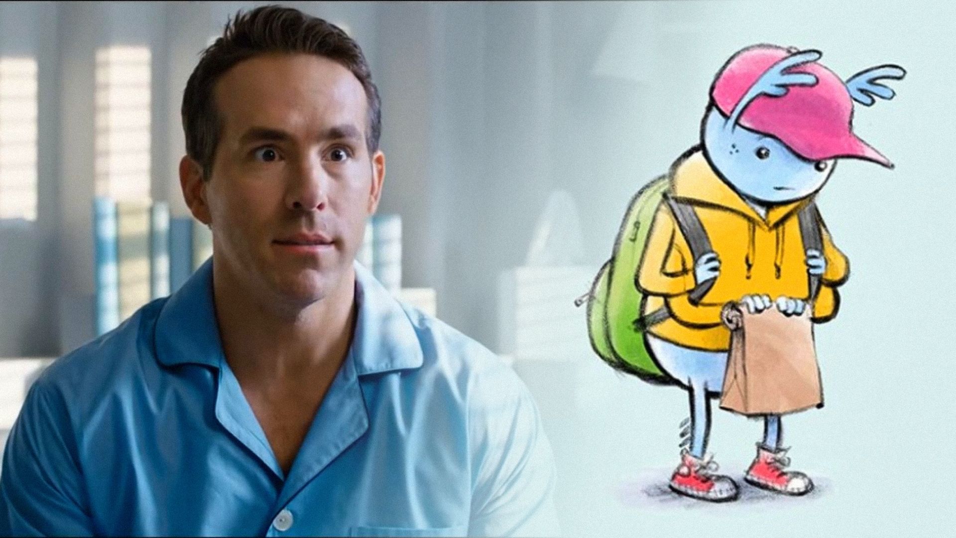 L'attore Ryan Reynolds in una camicia blu e la copertina del libro 'I Eat Poop: A Dung Beetle Story'