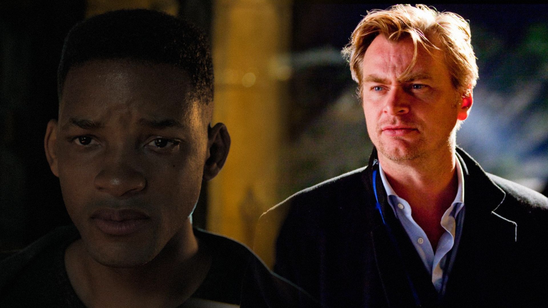 Will Smith in giacca nera e il regista Christopher Nolan in cappotto nero che guarda di lato