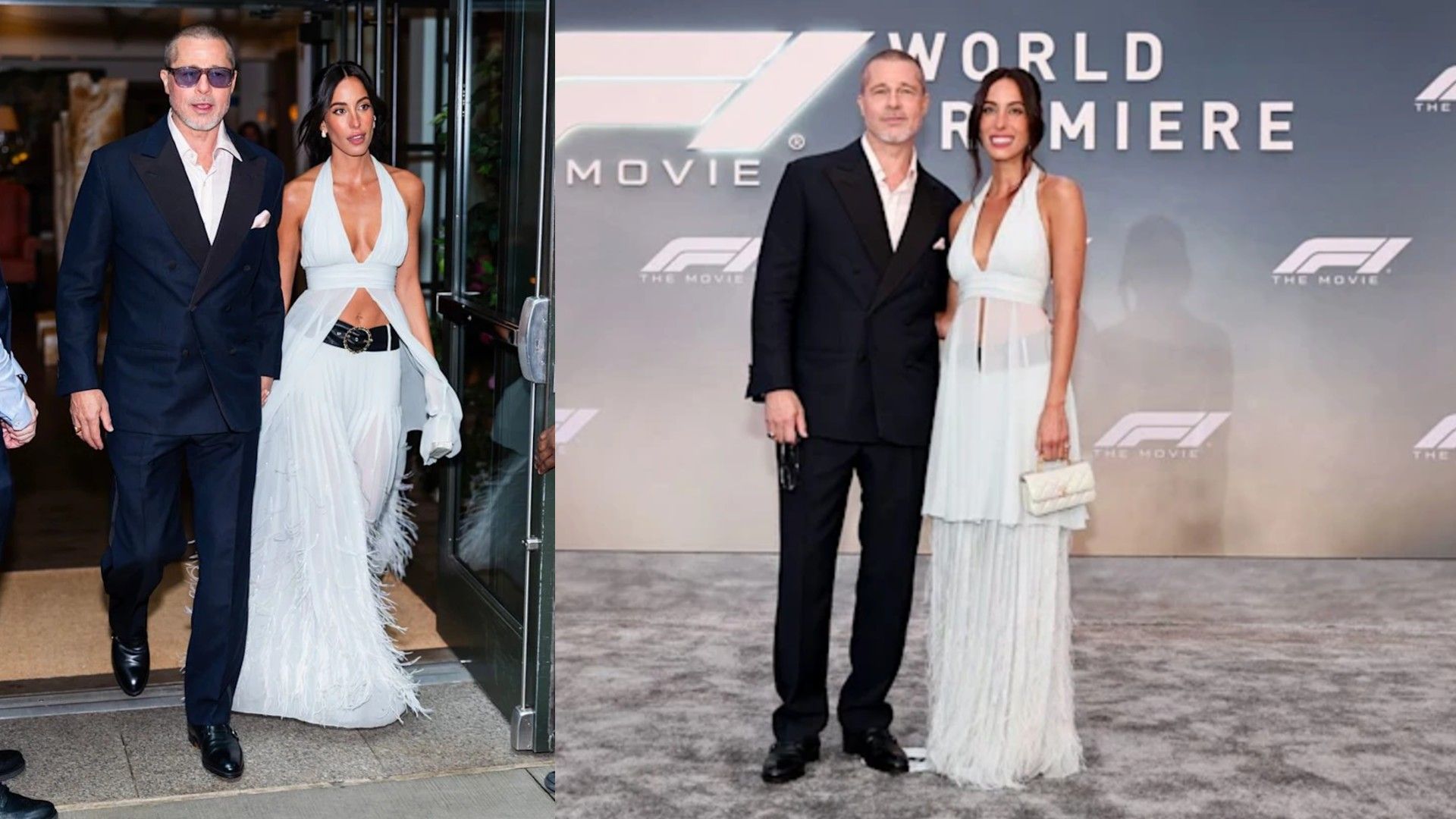 Brad Pitt in completo scuro e Ines de Ramon in top e gonna bianchi posano per i fotografi