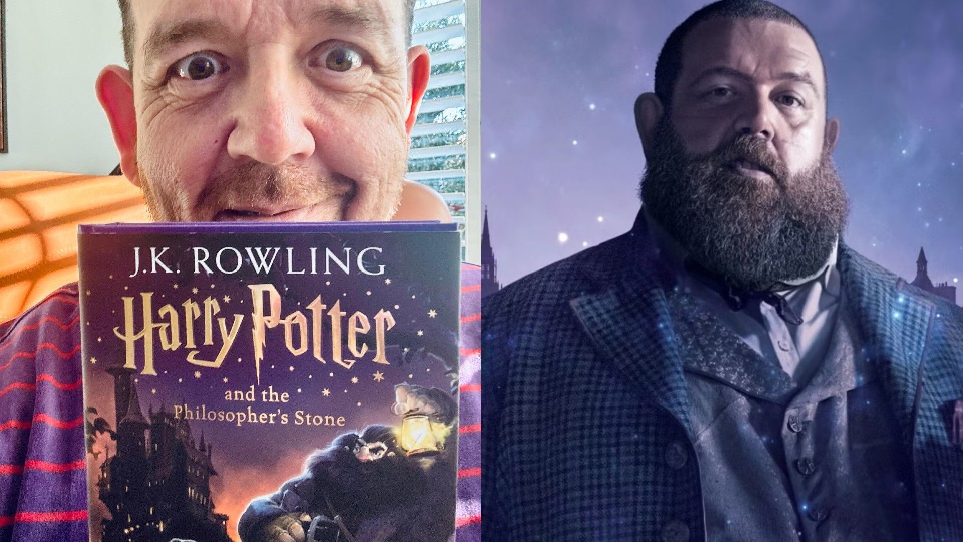 A destra, Nick Frost su sfondo viola in abito, a sinistra tiene il libro "Harry Potter and the Philosopher's Stone"