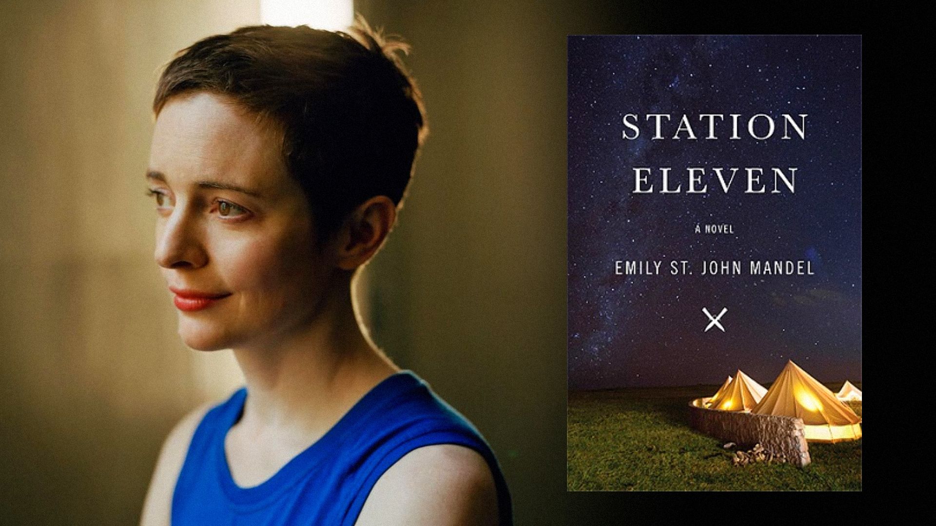 Scrittore Emily St. John Mandel in un abito blu con un libro che ha una foto di tende su di esso